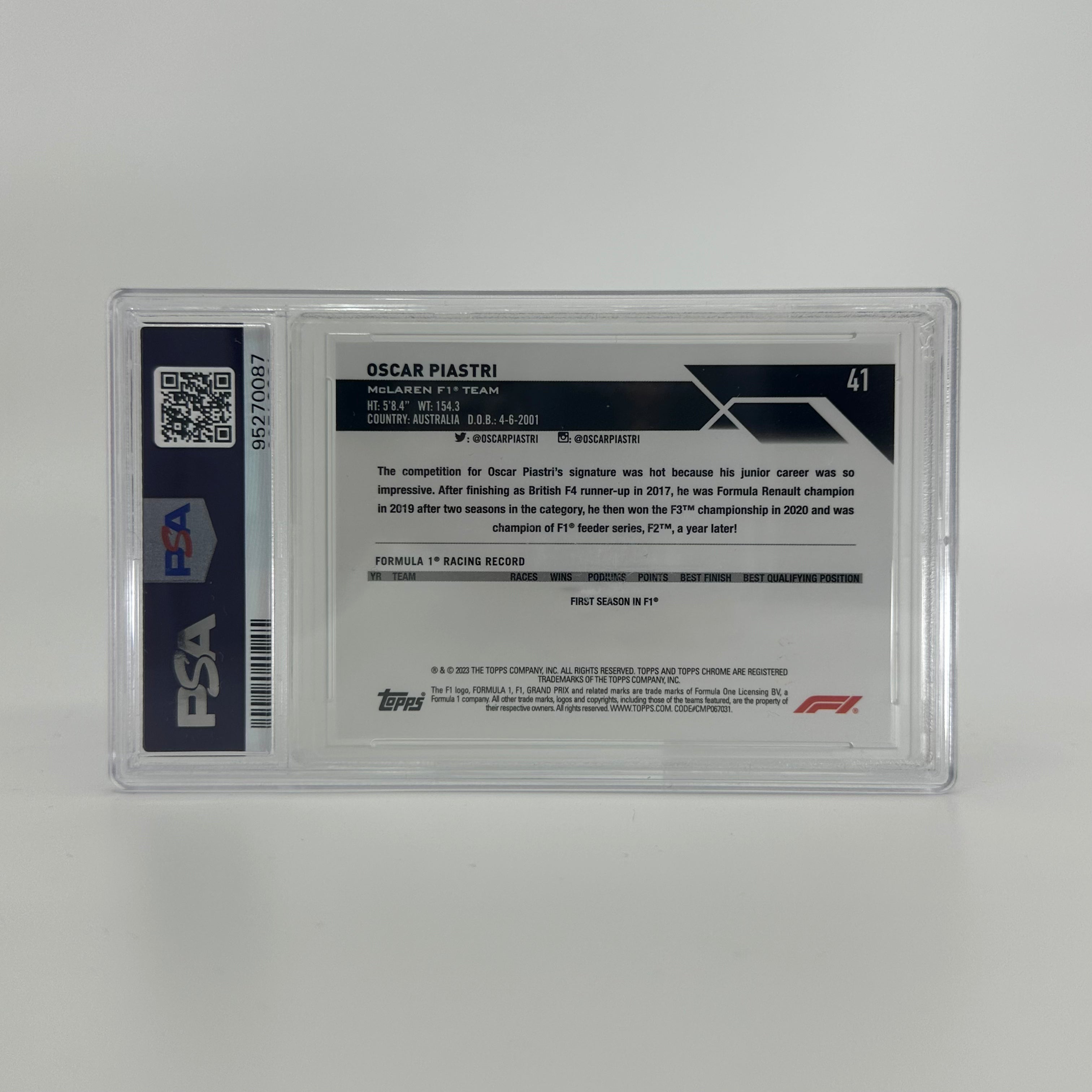 2023 Topps Chrome F1 Oscar Piastri #41 PSA 5 Rookie Card - 84/99 Aqua Sapphire Edition | Collectible Racing Memorabilia for F1 Fans & Card Collectors