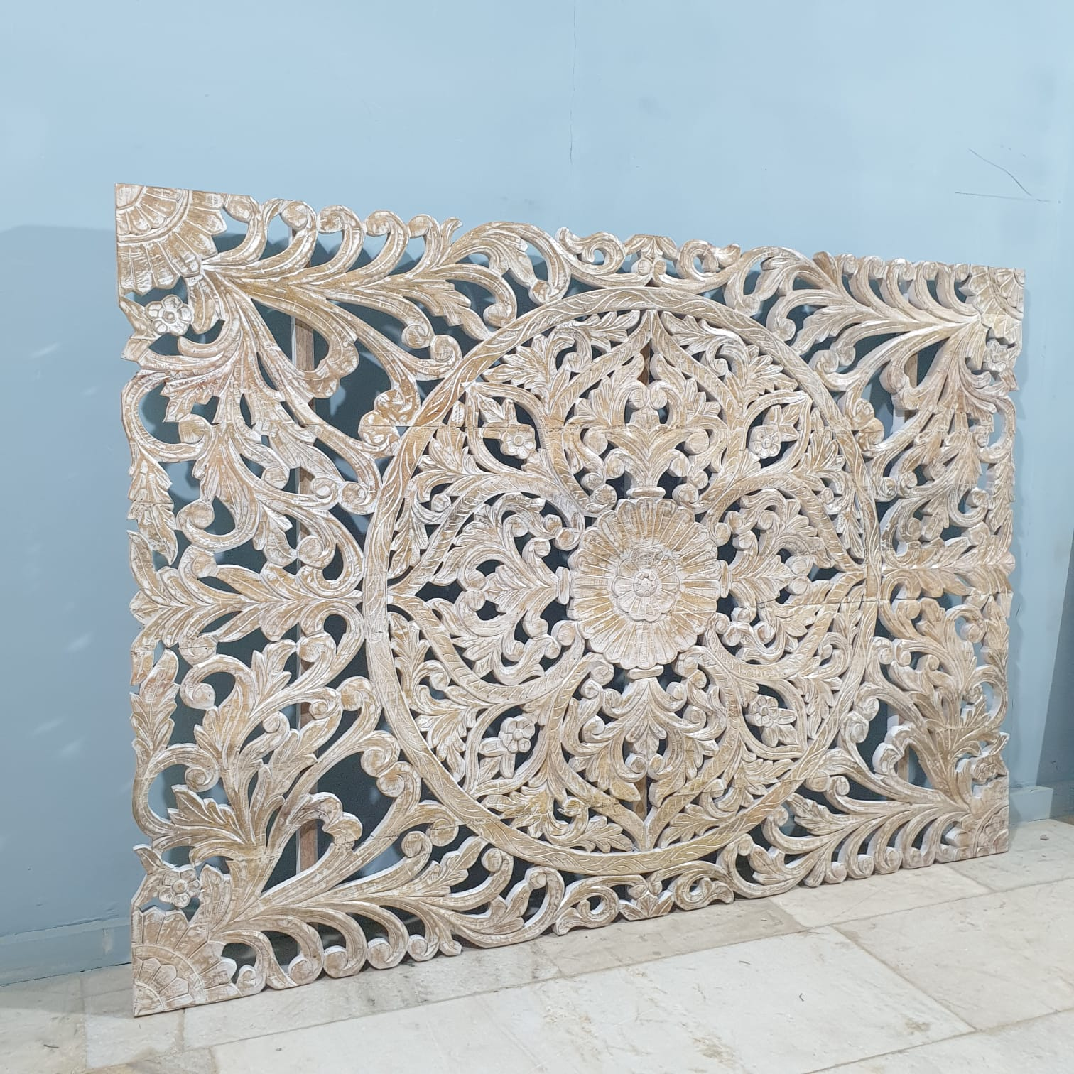 Handmade Carved Solid Mango Wood Floral Wall Art Panel - Whitewashed Bohemian Decor for Living Room, Bedroom & Office