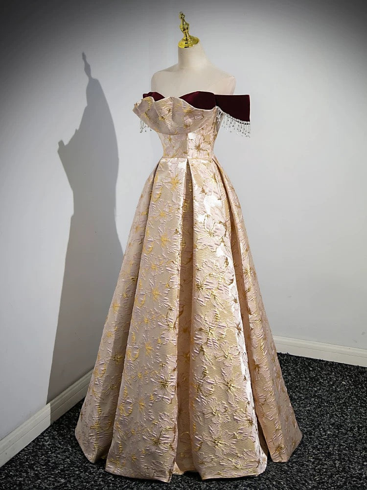 Elegant A-Line Off Shoulder Satin Champagne Long Prom Dress - Formal Evening Gown for Homecoming, Wedding, Ball & Special Occasions