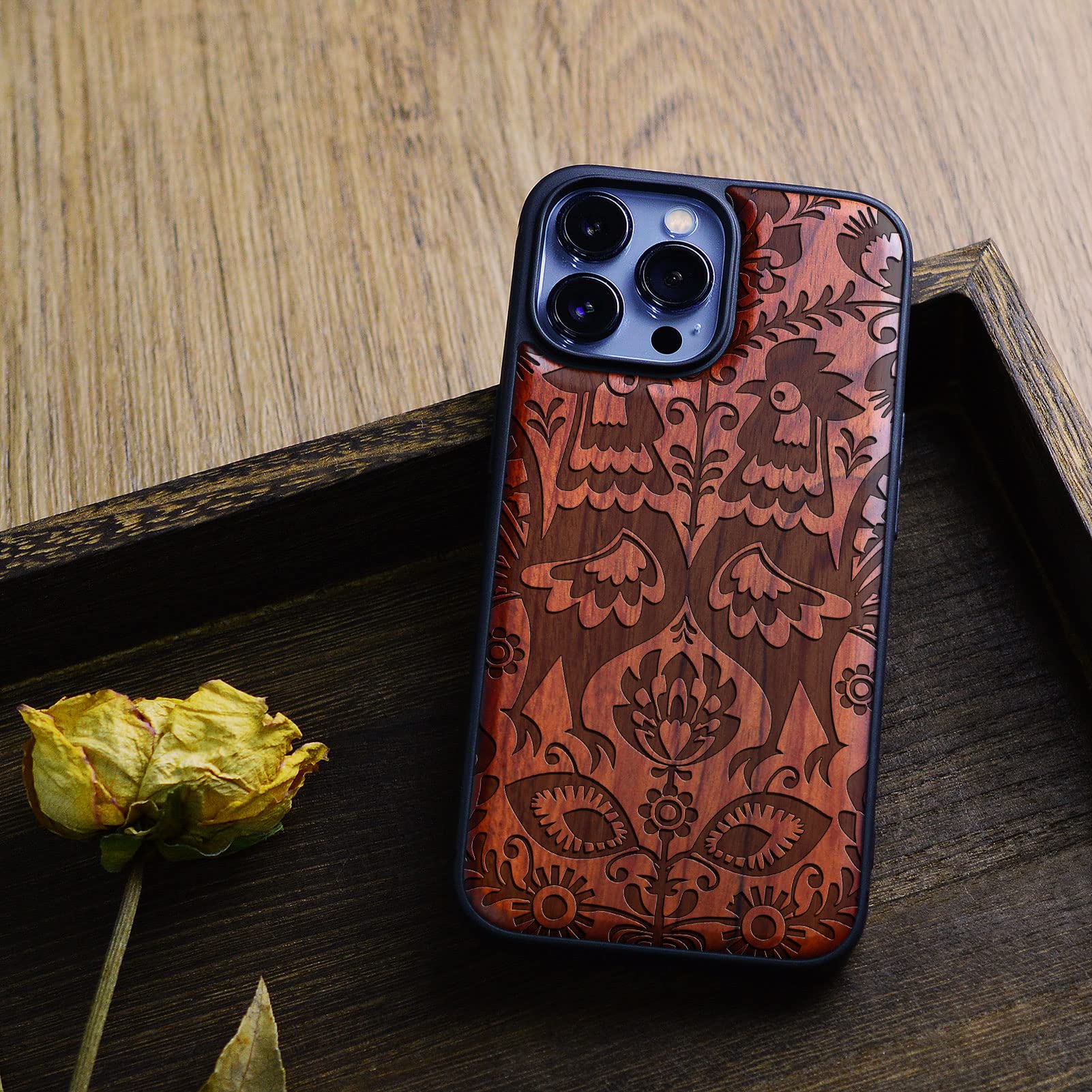 Carveit Magnetic Wood Case for iPhone 13 Pro Max - Natural Wood & Black Soft TPU Shockproof Protective Cover - MagSafe Compatible Wooden Phone Case (Floral Roosters Red Wood Design) - Perfect for Outdoor Adventures & Everyday Protection