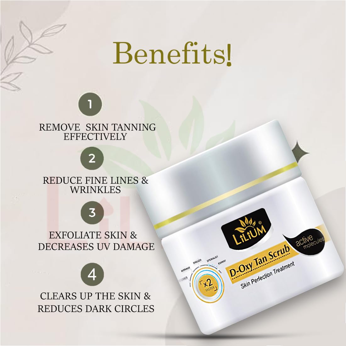 Lilium D Oxy Tan Scrub 40g – Exfoliating Face & Body Scrub for Tan Removal, Brightens Skin & Reduces Acne Marks – Kojic Acid & Milk Formula to Repair UV Damage – Paraben, Peroxide & Sulfate Free – 100% Vegan & Dermatologist Tested – For Men & Women – Perfect for Post-Sun Care & Daily Skin Brightening Routine