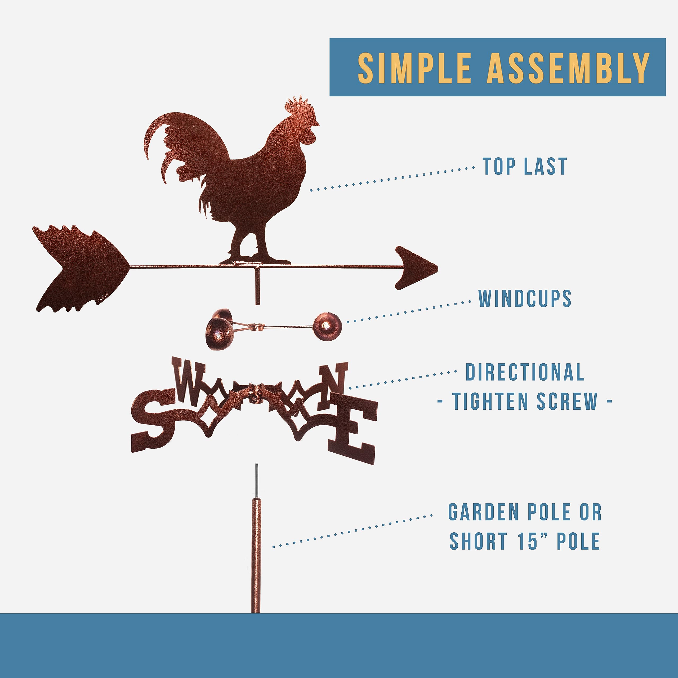 SWEN Rooster Chicken Weathervane with Garden Stake - Handcrafted Metal Farmhouse Decor for Outdoor Garden, Yard, and Farm - Perfect for Rustic Home & Countryside Decoration