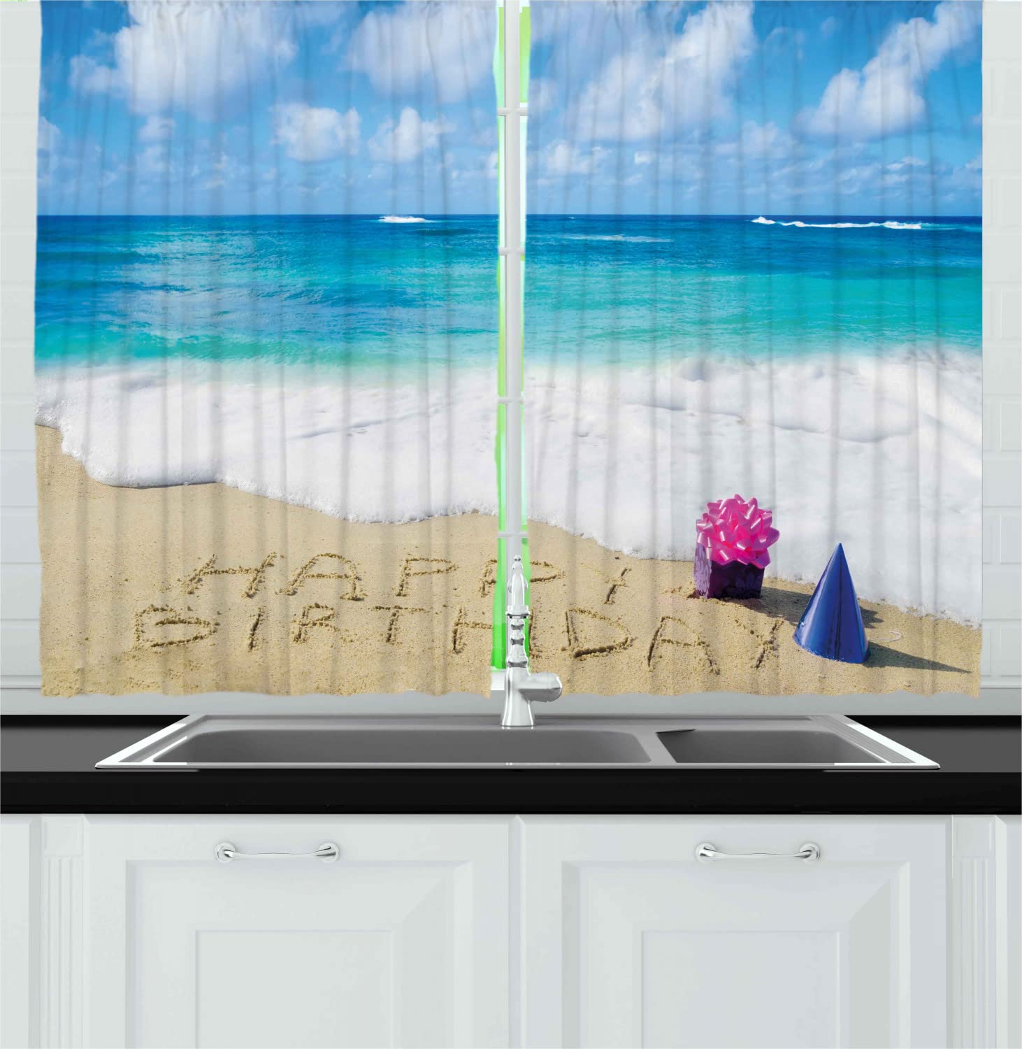 Ambesonne Birthday Long Kitchen Curtains - Happy Birthday Beach Party Design with Hats & Gifts, 2 Panel Rod Pocket Drapes 55x45 Inch, Coastal Blue Pale Brown Pink - Perfect for Birthday Decorations & Beach Theme Kitchen Windows
