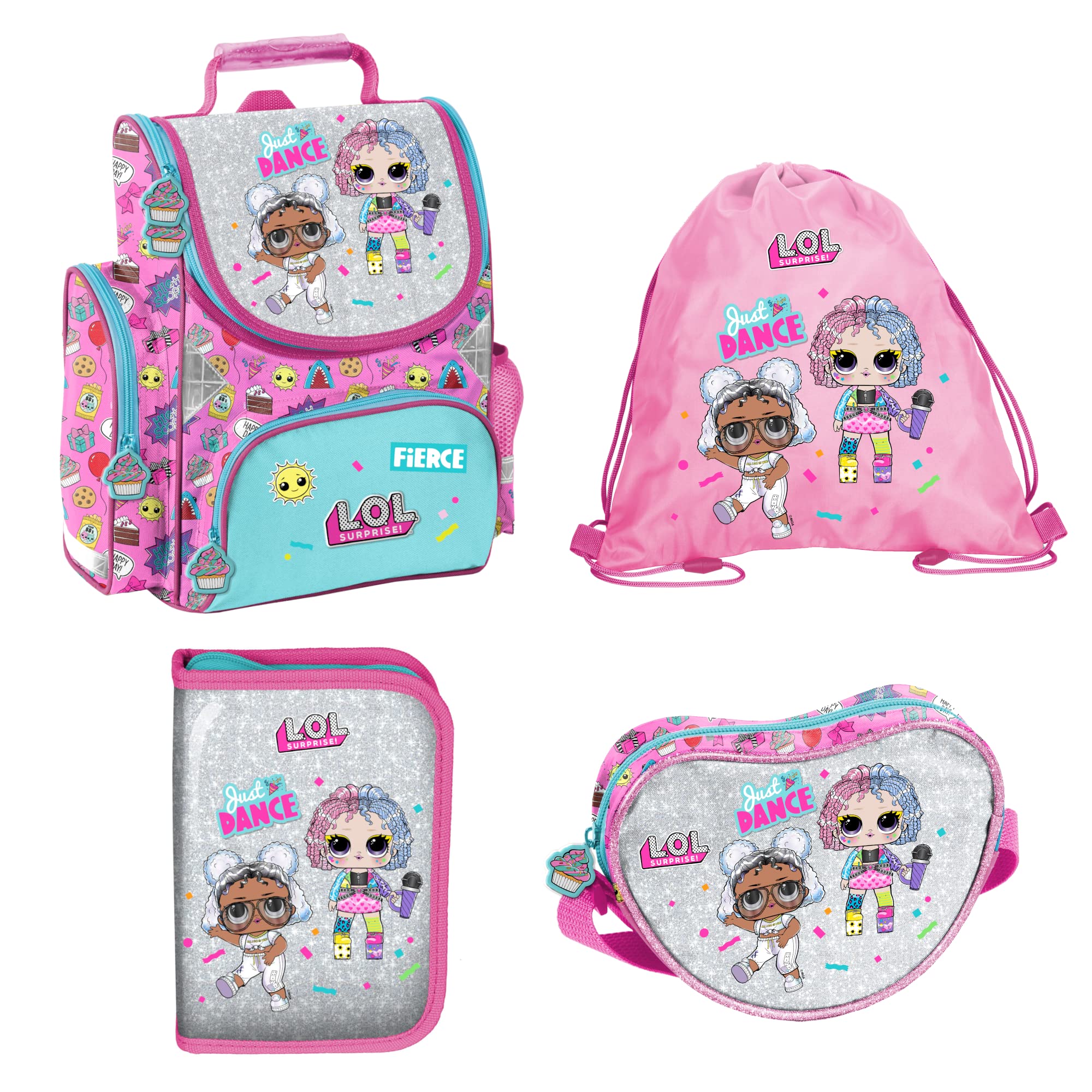 LOL Surprise 4-Piece School Bag Set with Gym Bag, Pencil Case & Shoulder Bag - Cute Backpack for Girls, Kids School Supplies & Travel Accessories - Perfect for School, Gym Class & Weekend Outings