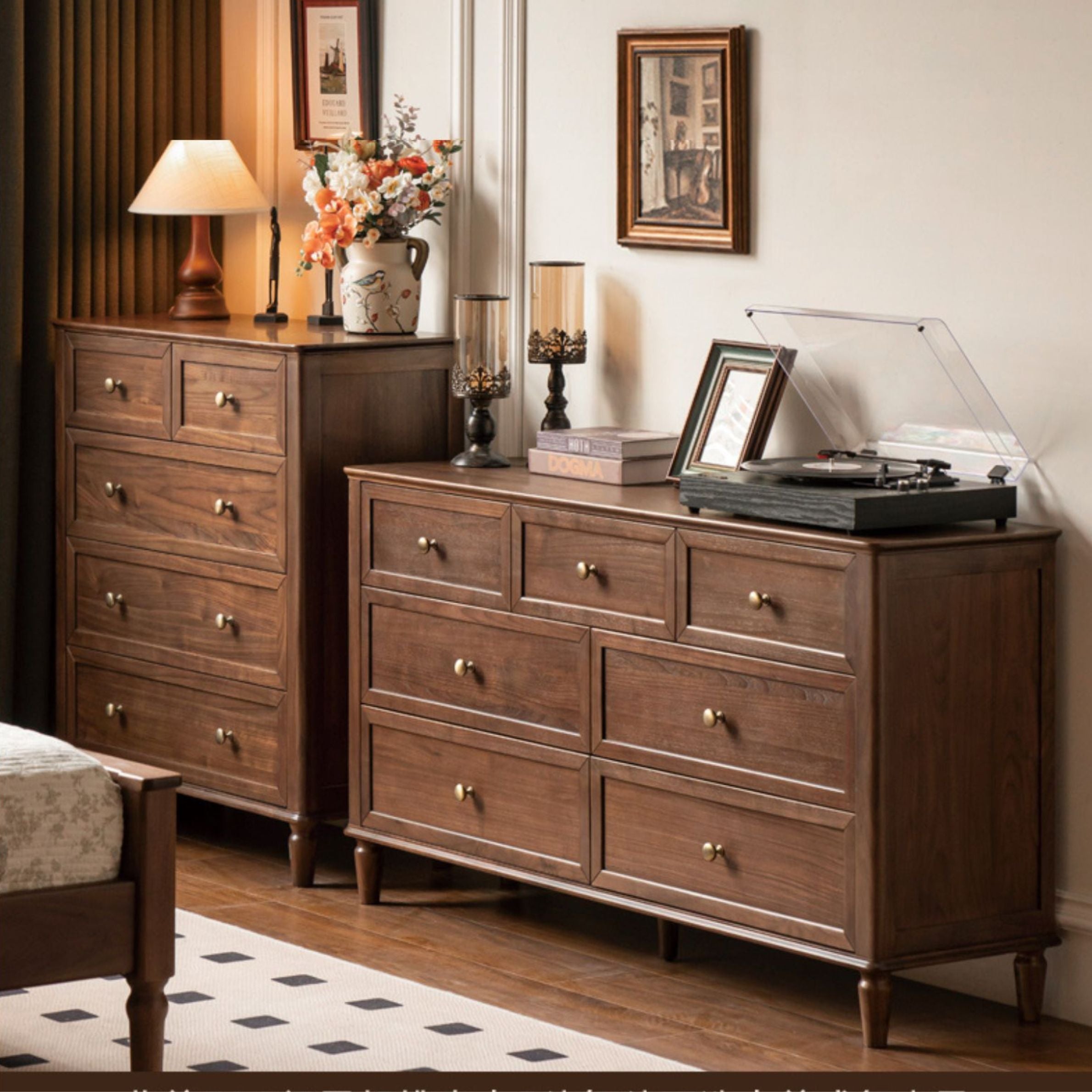 Solid Black Walnut Wood American Retro Dresser - Vintage 5-Drawer Chest for Bedroom, Living Room & Home Office Storage