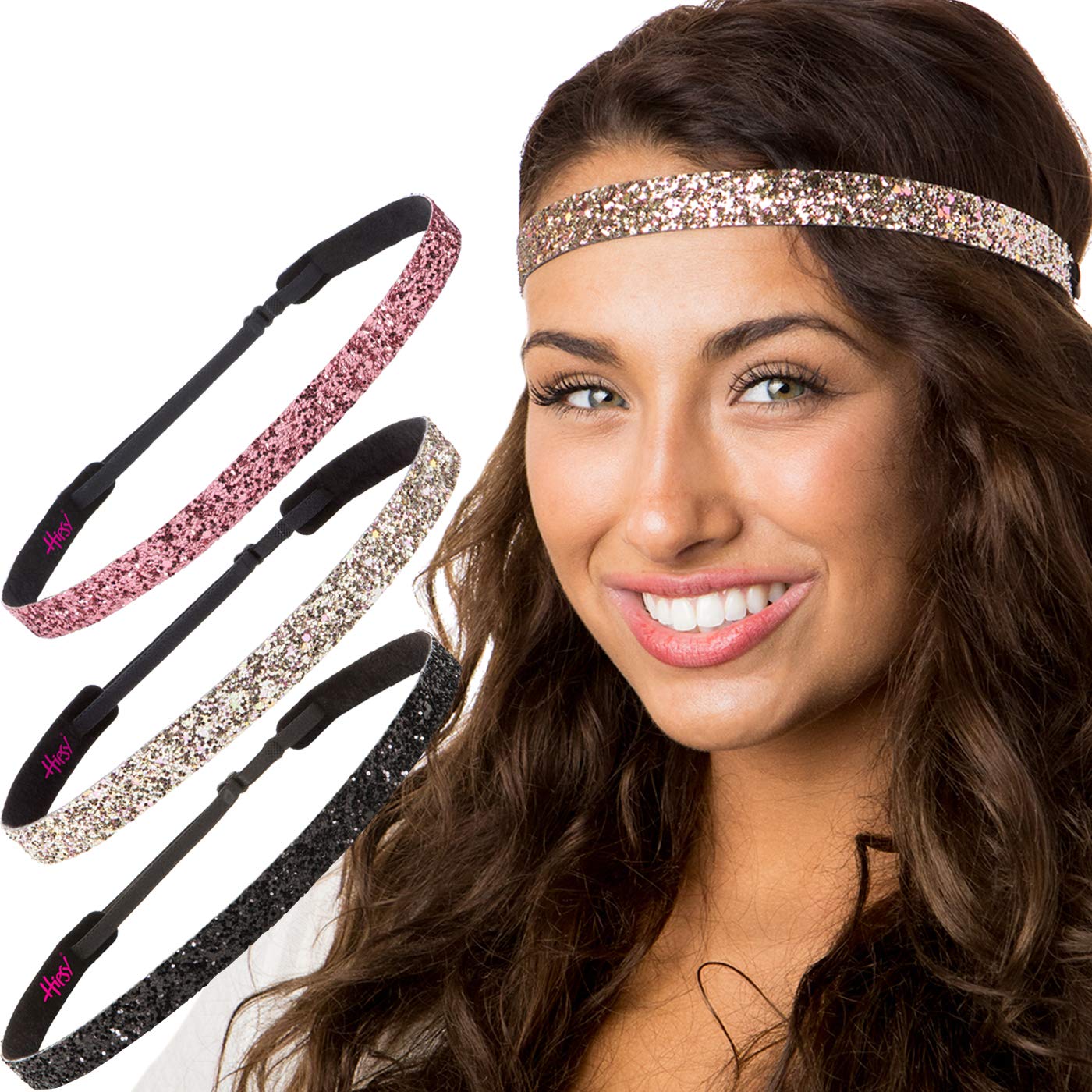 Sparkly Bling Glitter Skinny Headbands for Women, Girls & Teens - Adjustable No Slip 3-Pack (Black/Rose Gold/Pink Rose) | PETITE Size | Perfect for School, Workouts, Parties & Everyday Fashion