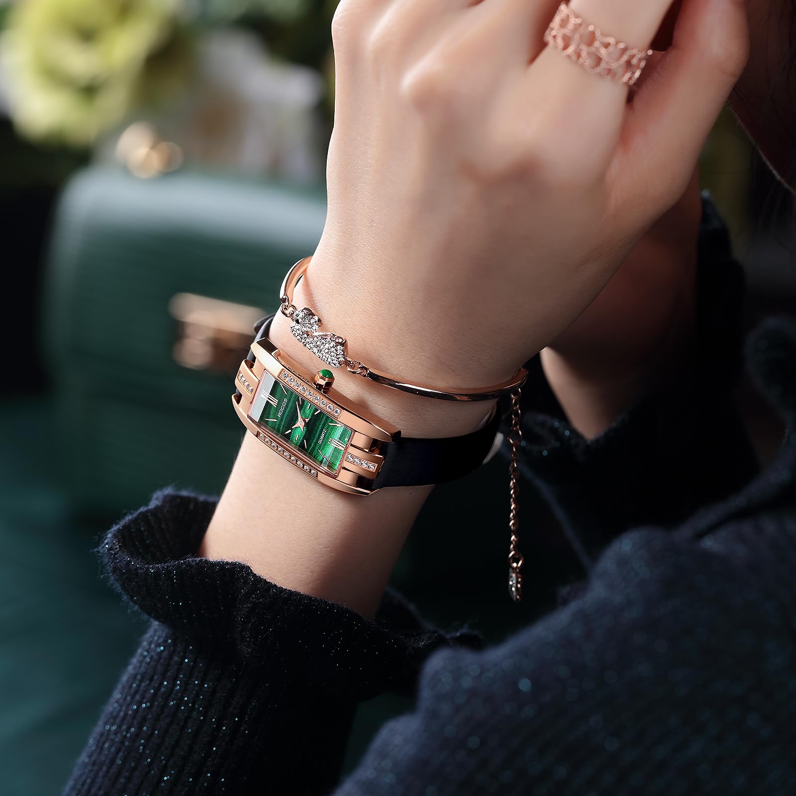 Elegant Women's Watches with Green/Red Dial & Leather Strap - Fashion Quartz Analog Dress Watch for Ladies - Waterproof Casual Diamond Wristwatch RW0209S - Perfect for Office, Party & Everyday Wear