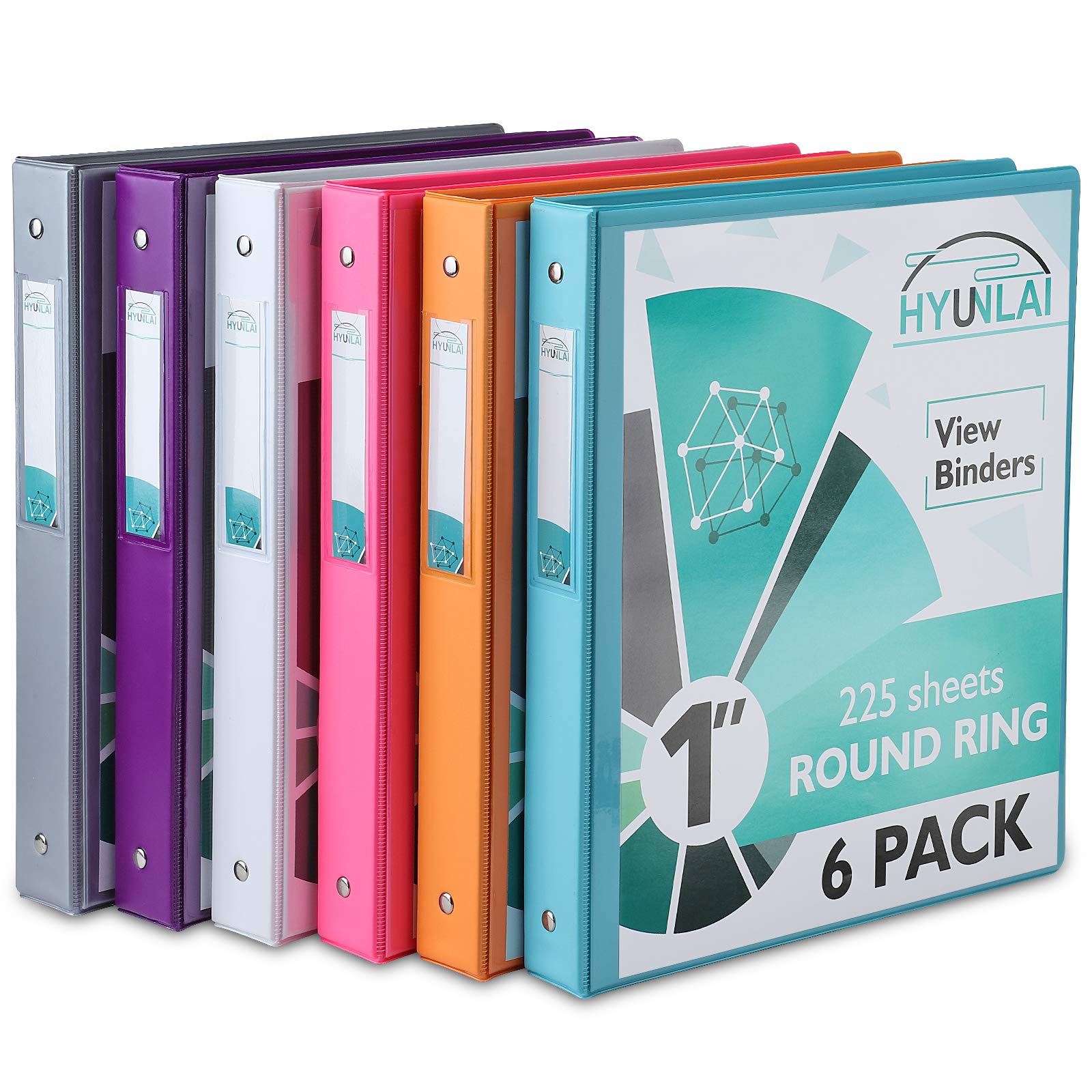 HYUNLAI 1 Inch 3 Ring Binder - 6 Pack with Clear Customizable Cover, Holds 8.5x11 Paper for Home, Office & School - Durable Round-Ring Presentation Binders for Organizing Documents, Reports & Projects