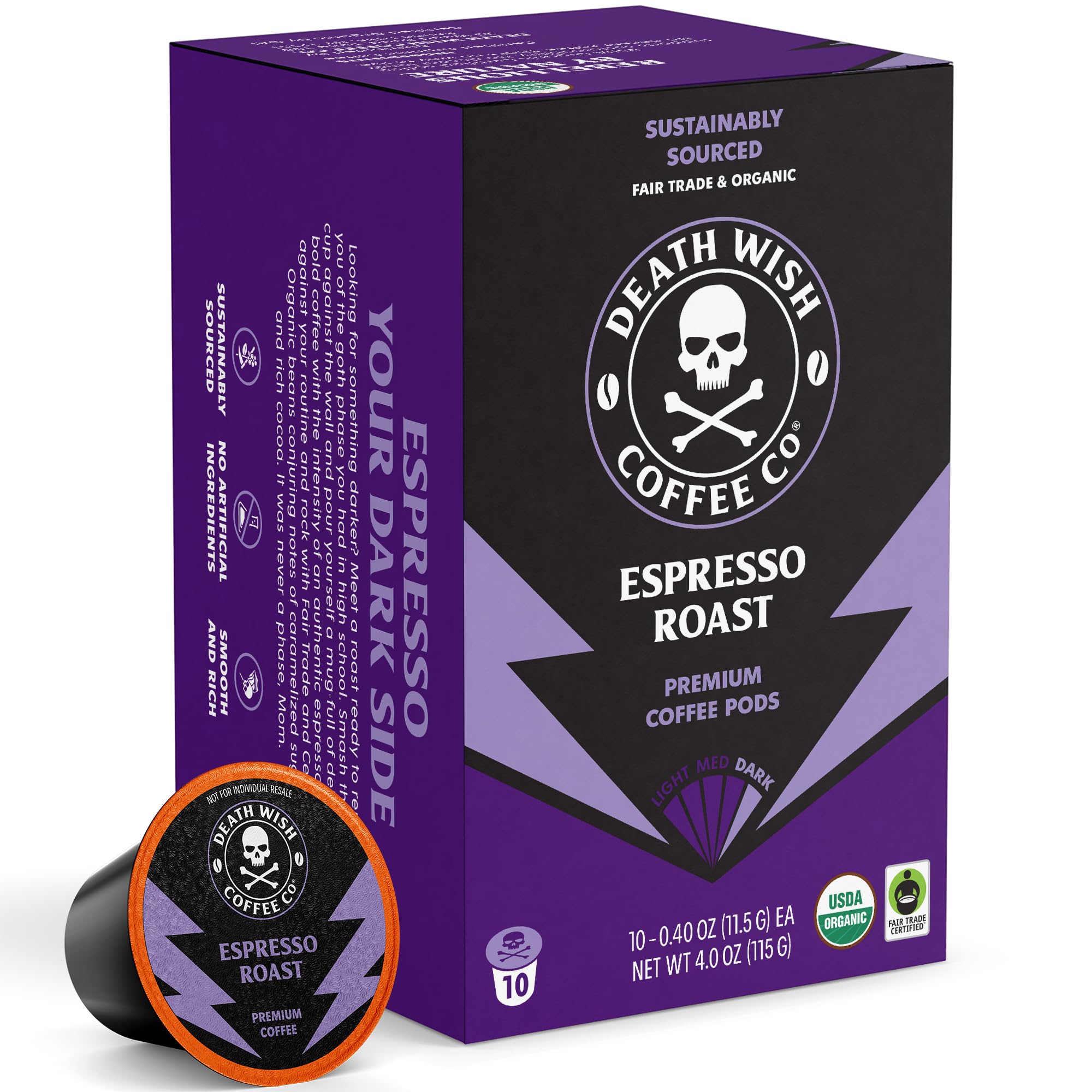 Death Wish Coffee Co. Espresso Roast Single Serve Coffee Pods - Strongest Fair Trade Organic Coffee (10 Count) - Perfect for Home & Office Brewing