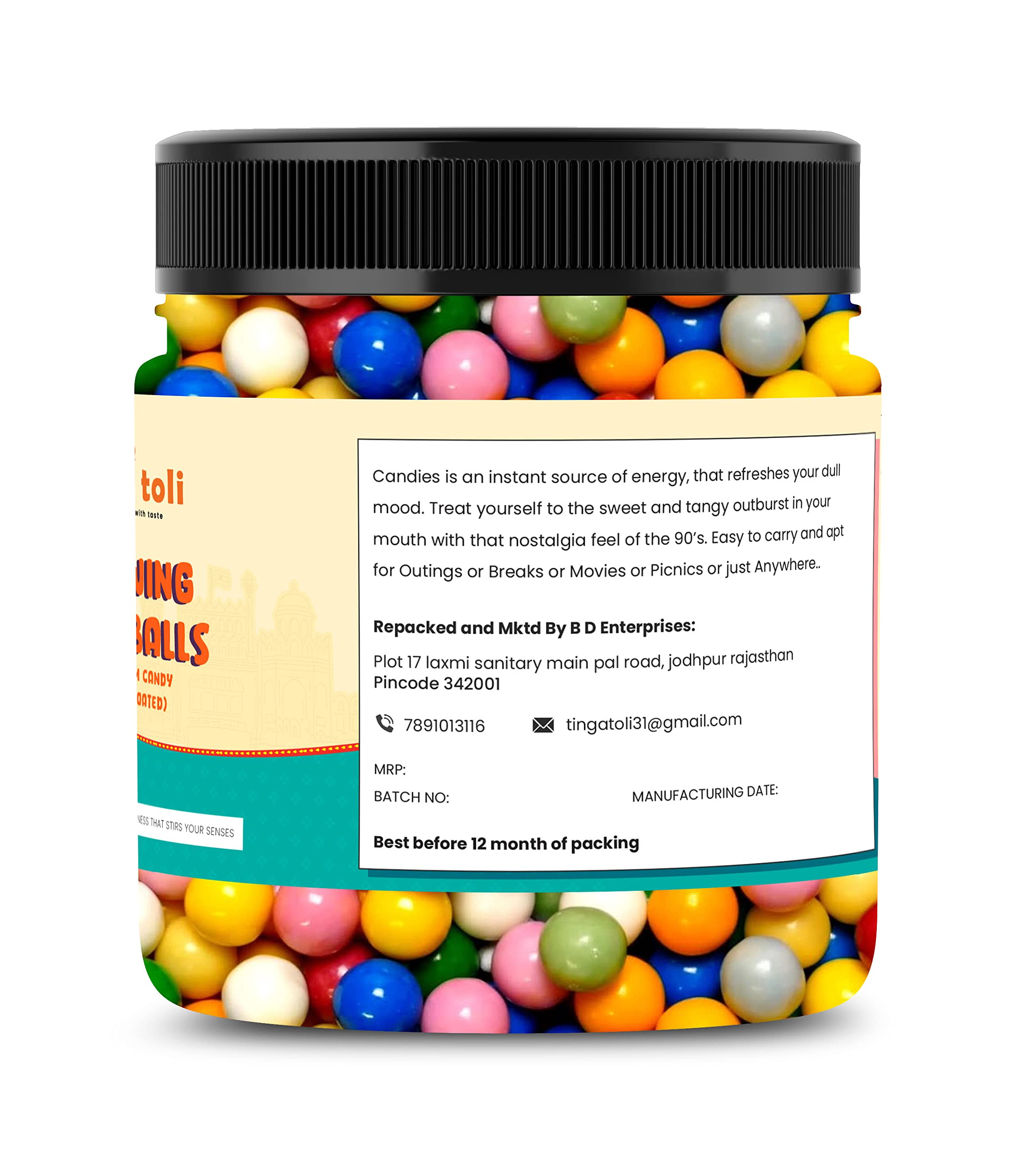 TINGA TOLI Sugar Coated Chewing Gum Balls - Assorted Bubble Gum Flavors Candy (100g Jar Pack) - Perfect for Parties, Gifts & Office Snacks
