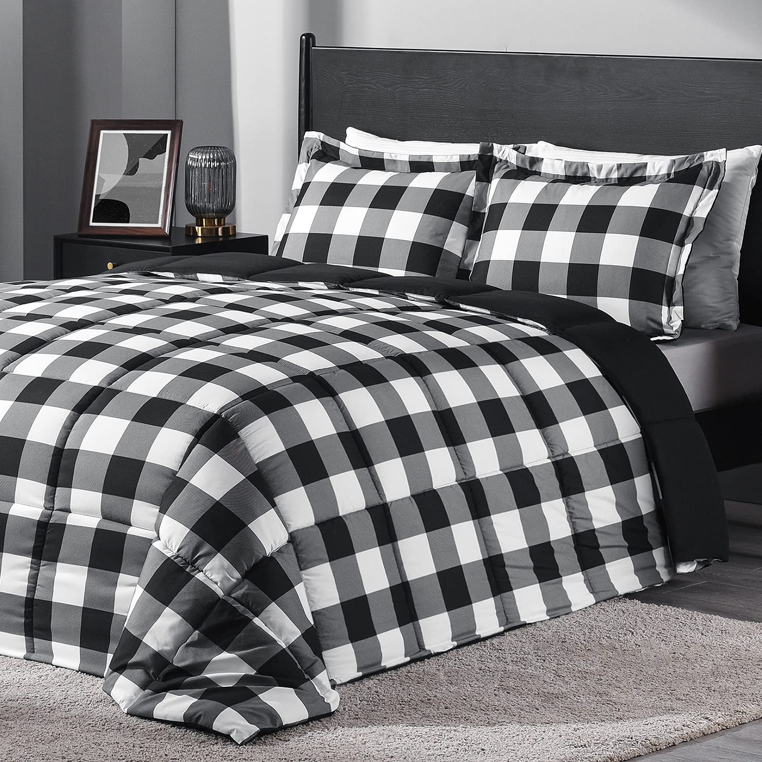 Downluxe Lightweight Plaid Comforter Set Queen Size - 3 Piece Reversible Down Alternative Bedding with 2 Pillow Shams - Black White Checkered Pattern - Perfect for Cozy Bedroom Decor & Guest Room Essentials
