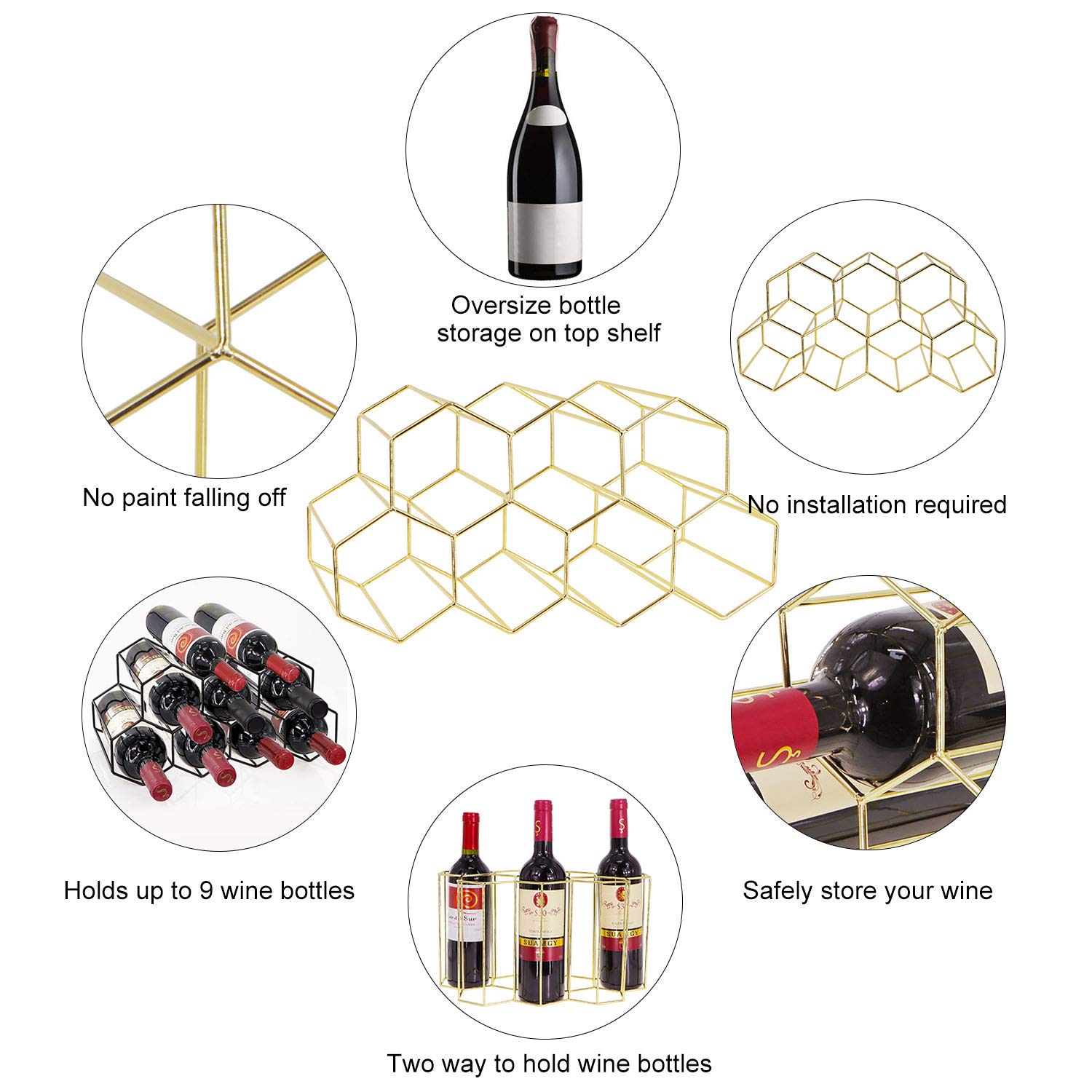 9 Bottle Metal Wine Rack - Freestanding Tabletop or Countertop Wine Storage Holder in Gold - Perfect for Kitchen, Bar, Dining Room, and Home Decor