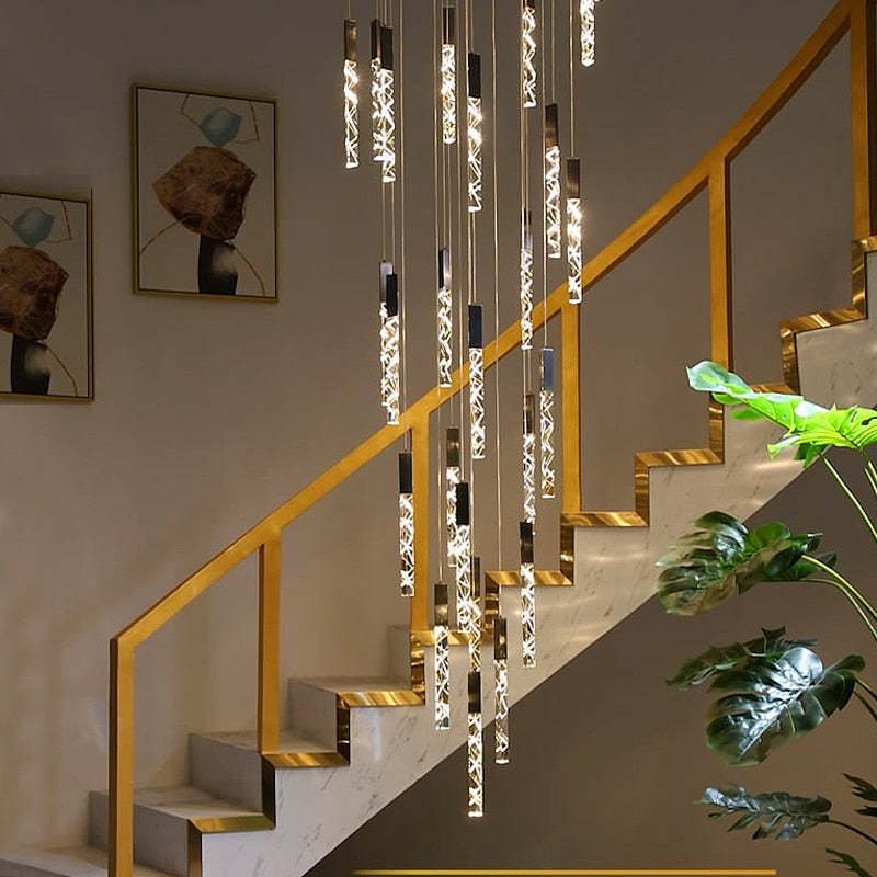 Elegant Crystal Chandelier for Staircase - Modern LED Stairway Lighting Fixture - Perfect for Foyer, Grand Entrance & Luxury Home Decor