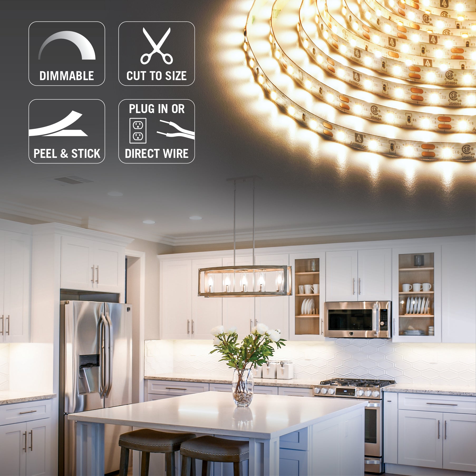 RibbonFlex PRO+ 12V 3000K Soft White LED Strip Light Kit - Dimmable Flexible Tape Lights for Home, Bedroom, Kitchen, and Cabinet Lighting