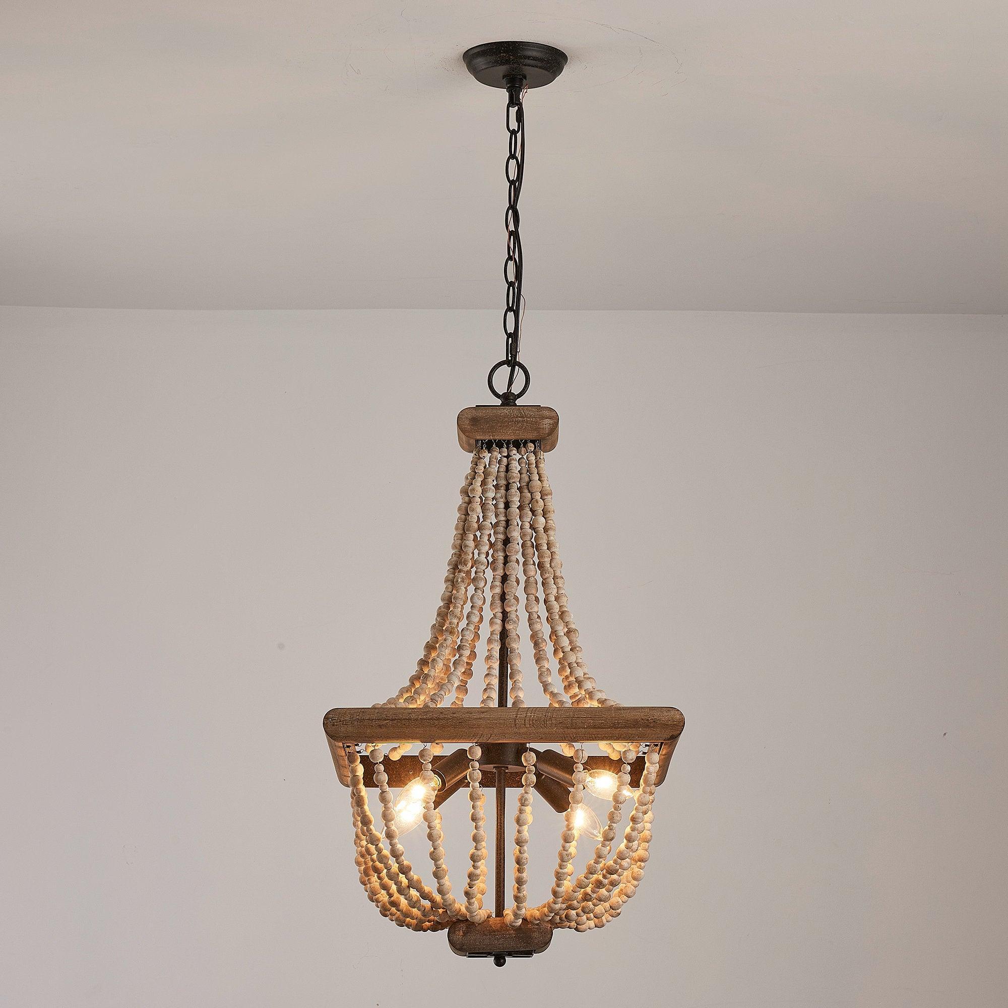 Regas 4-Light Wood Bead Candle Style Chandelier - Rustic Farmhouse Ceiling Light Fixture for Dining Room, Bedroom, or Living Room Decor