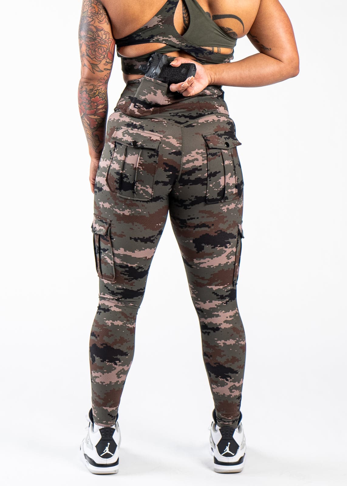 Tactical Concealed Carry Leggings for Women with Hidden Pockets - Green Camo Print | Perfect for Outdoor Activities, Hiking, and Self-Defense