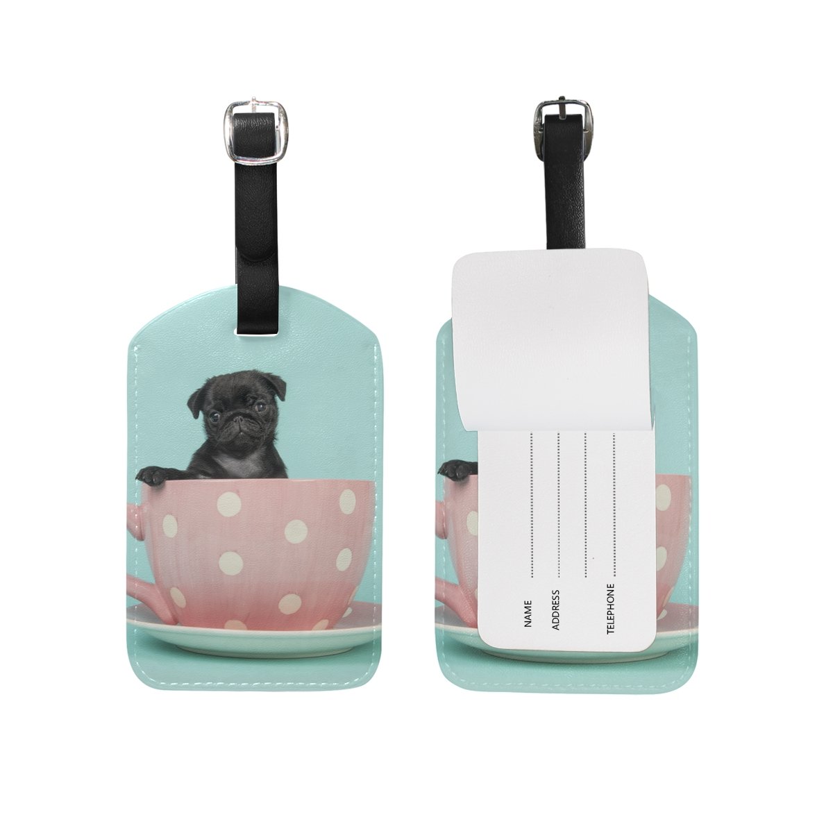 ALAZA Black Pug Puppy In Cup Luggage Tag - PU Leather Suitcase Label for Travel Bags & Backpacks - Perfect for Airports, Vacations & Business Trips