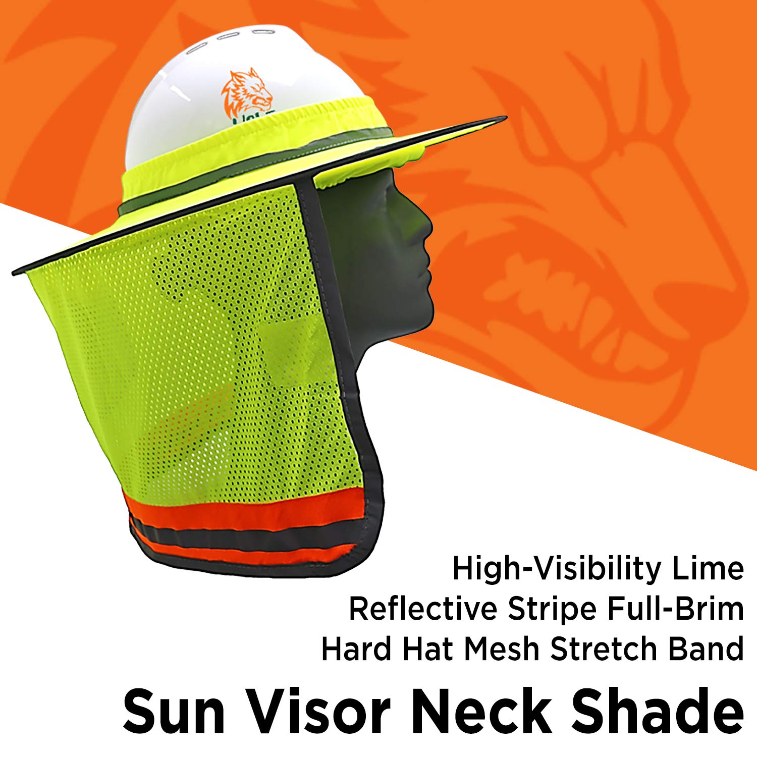 Wolf High-Visibility Orange Reflective Full-Brim Hard Hat with Mesh Sun Visor & Neck Shade - ANSI Certified for Construction, Road Work & Outdoor Safety