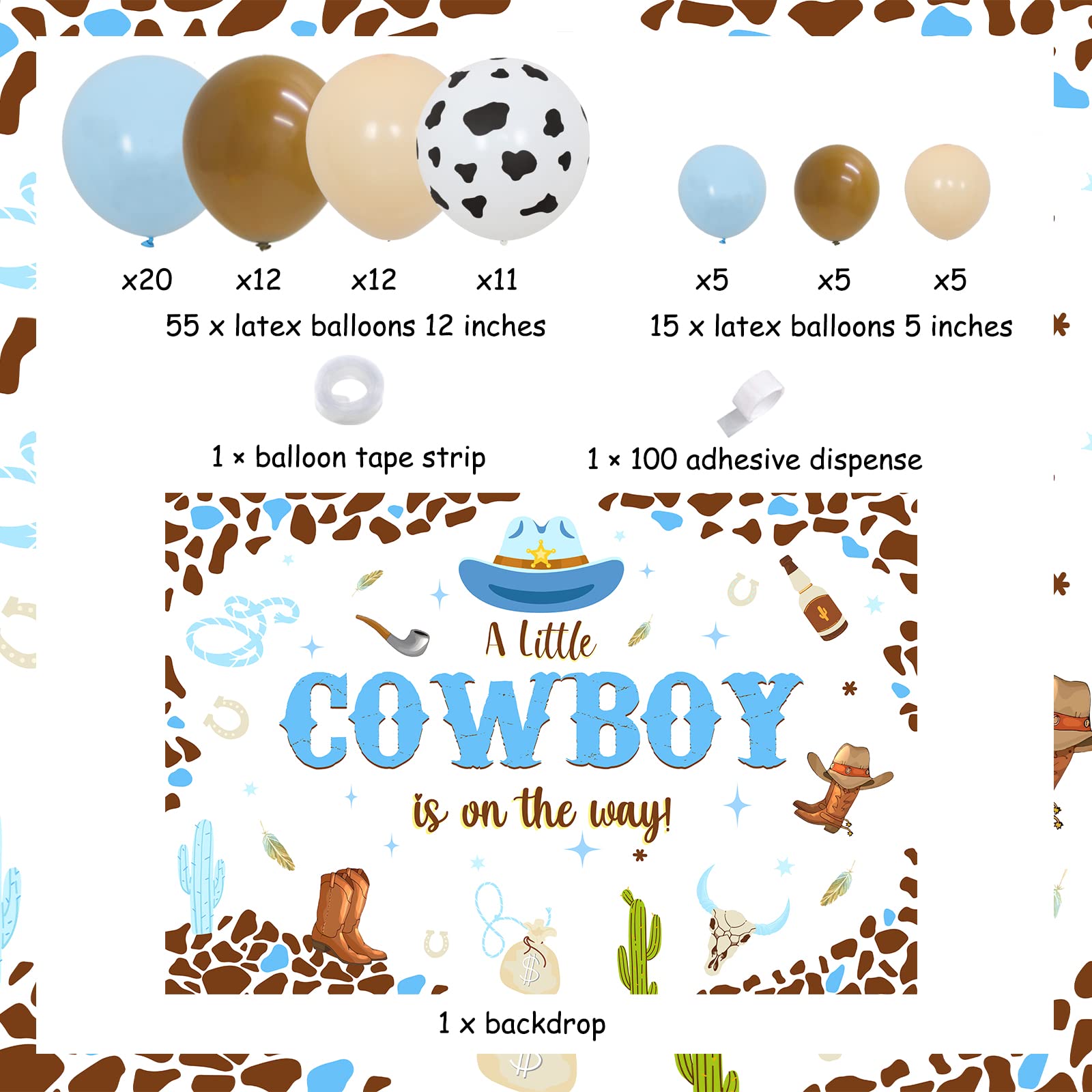 Cheereveal Cowboy Baby Shower Decorations for Boys - Western Theme Backdrop, Blue Balloon Garland Arch Kit | Wild West Baby Shower Party Supplies for Nursery, Gender Reveal & First Birthday Celebrations