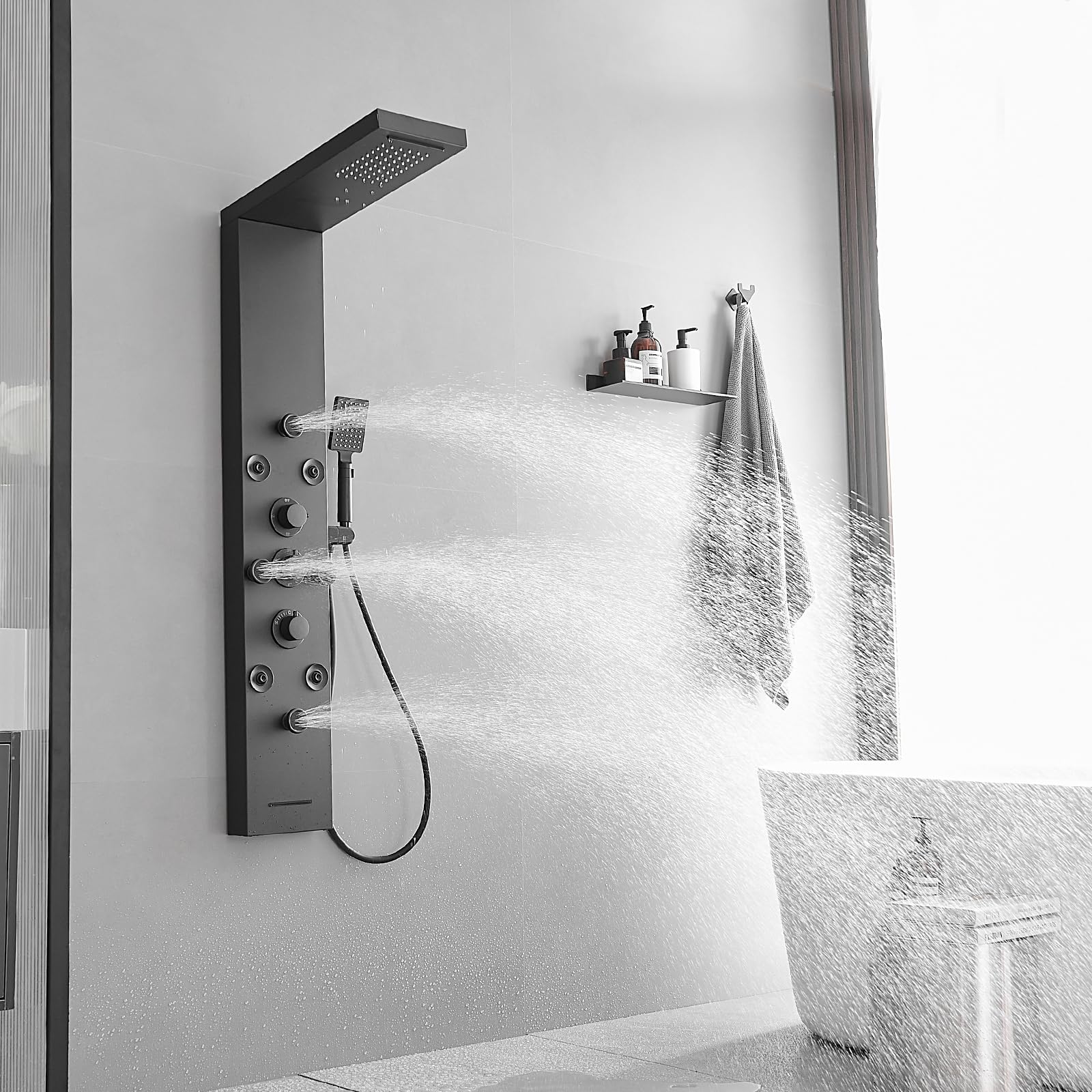 6-in-1 Stainless Steel Shower Panel System with Rainfall Showerhead, Body Jets & Handheld Spray - Black Wall Mount Shower Tower for Spa-Like Relaxation - Perfect for Master Bathrooms & Luxury Home Renovations