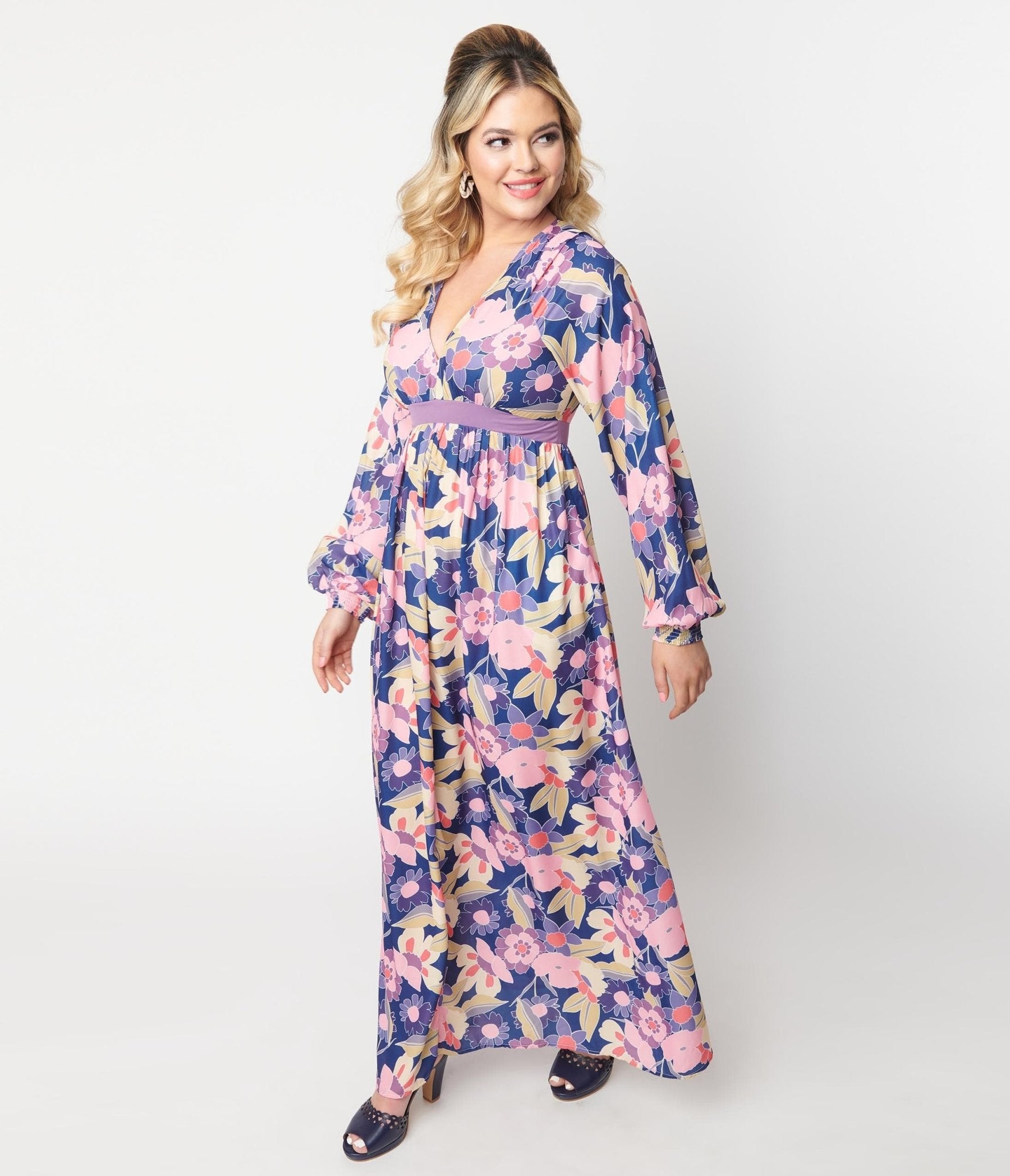 Vintage 1970s Navy & Purple Floral Print Buttercup Maxi Dress - Retro Boho Style for Women, Perfect for Summer Festivals, Beach Vacations & Date Nights