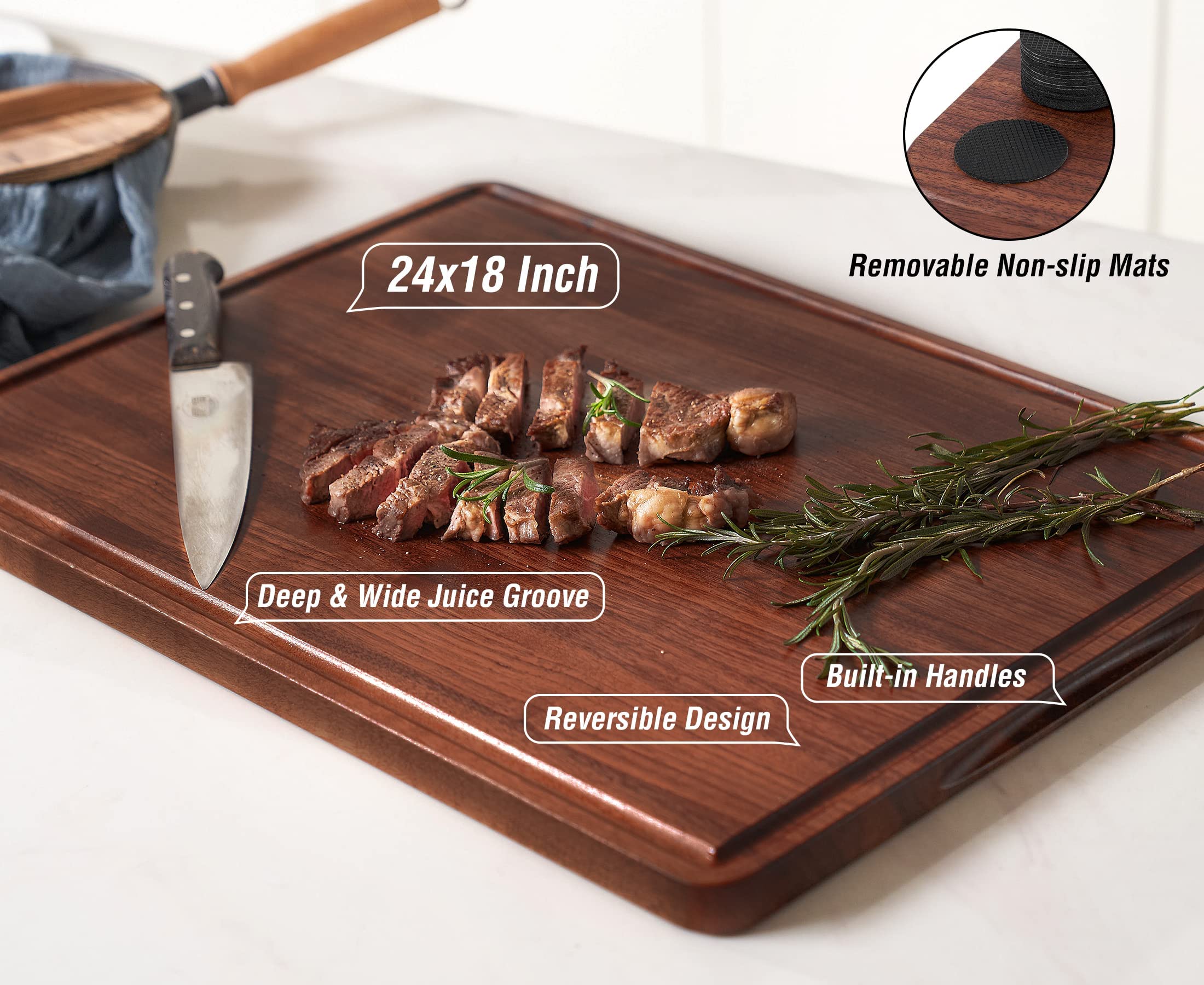 Premium XXL Walnut Wood Cutting Board 24x18 Inch - Thick Reversible Butcher Block with Juice Groove & Non-Slip Handles - Heavy Duty Chopping Board for Kitchen, Meat, Vegetables - Includes Gift Box & Non-Slip Mats - Perfect for Home Chefs & Holiday Gifting