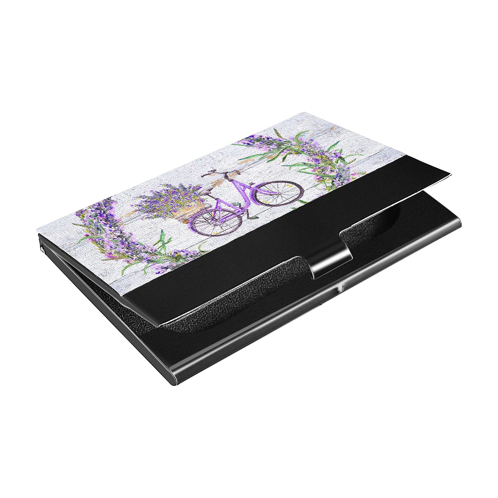 Stainless Steel & Leather Slim Business Card Holder Wallet - Elegant Bicycle & Lavender Floral Design - Compact ID/Credit Card Organizer Case for Women - Perfect for Networking Events, Office Use & Everyday Carry