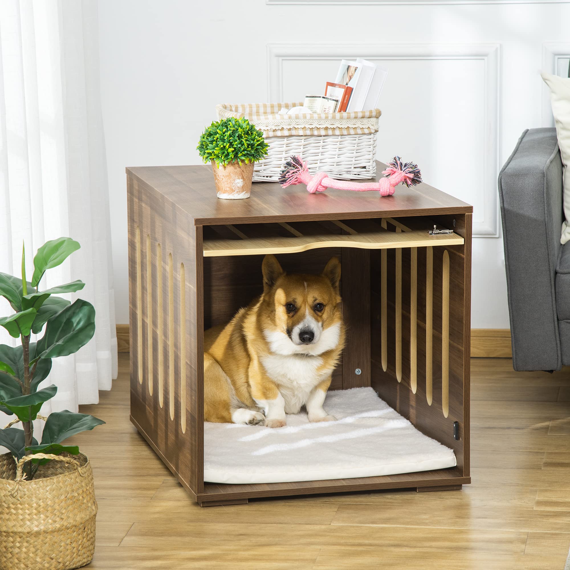PawHut Stylish Wooden Dog Crate End Table with Removable Door & Foam Cushion - Safety Lock Pet Kennel for Small Medium Dogs - Indoor Furniture for Living Room Bedroom - Brown    (Note: This optimized version improves SEO by including key search terms naturally, removes redundant information, organizes features clearly, and adds usage scenarios at the end)