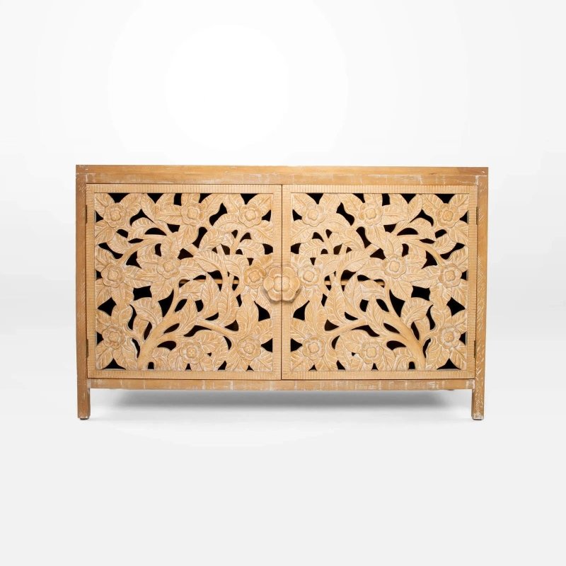 Hand Carved Wooden Vintage Style Medium Credenza - Solid Wood Sideboard for Dining Room & Living Room Storage - Perfect for Home Decor, Entryway Console & Display Cabinet