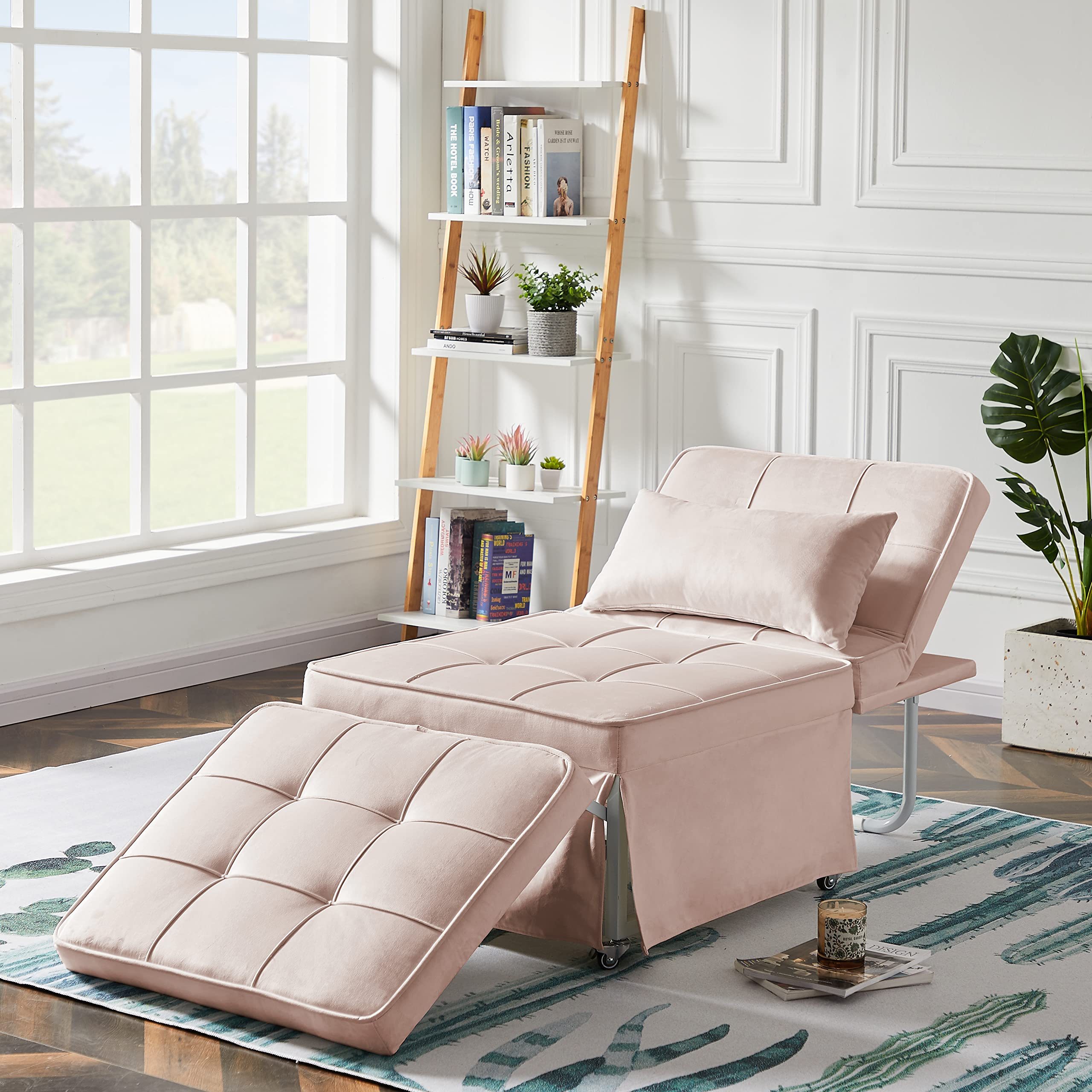 4-in-1 Ottoman Bed - Velvet Convertible Sofa Bed with Adjustable Backrest & 4 Positions | Foldable Guest Bed & Lounge Chair for Small Spaces | Perfect for Apartments, Dorms & Living Rooms (Pink)