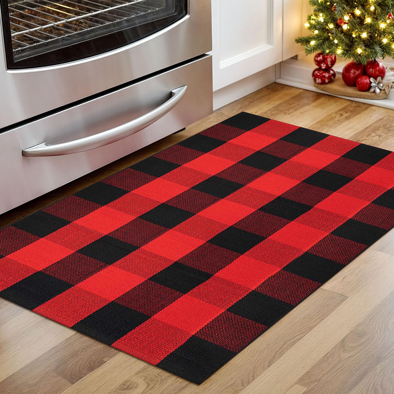 KOZYFLY Buffalo Plaid Rug 27.5x43 Inches - Red and Black Checkered Washable Cotton Rug for Christmas, Halloween & Fall Decor - Non-Slip Woven Door Mat for Front Porch, Entryway & Outdoor Use