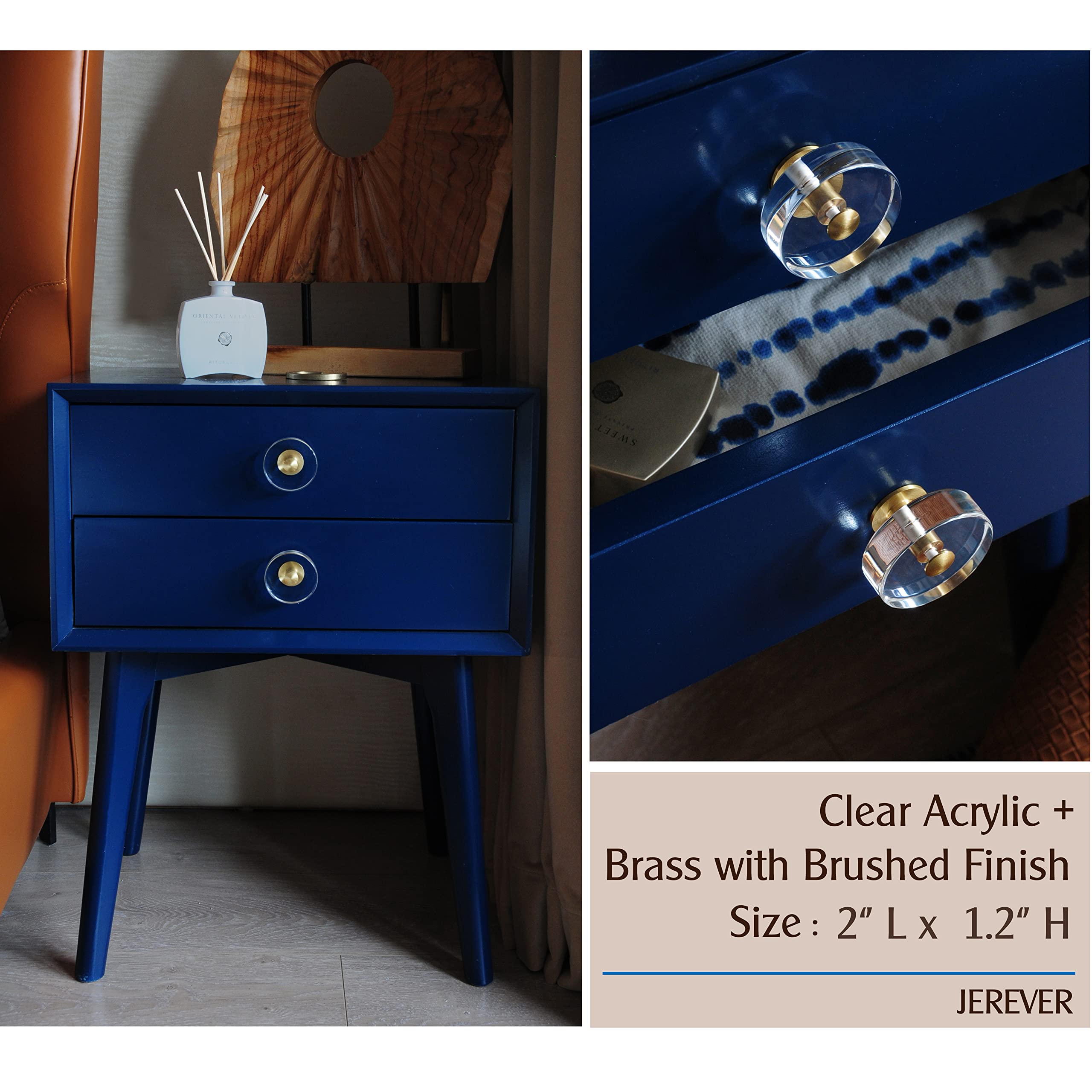 JEREVER 2 Pack Crystal Brass Drawer Pulls - Clear Acrylic Knobs for Wardrobe Dresser Kitchen Cabinets