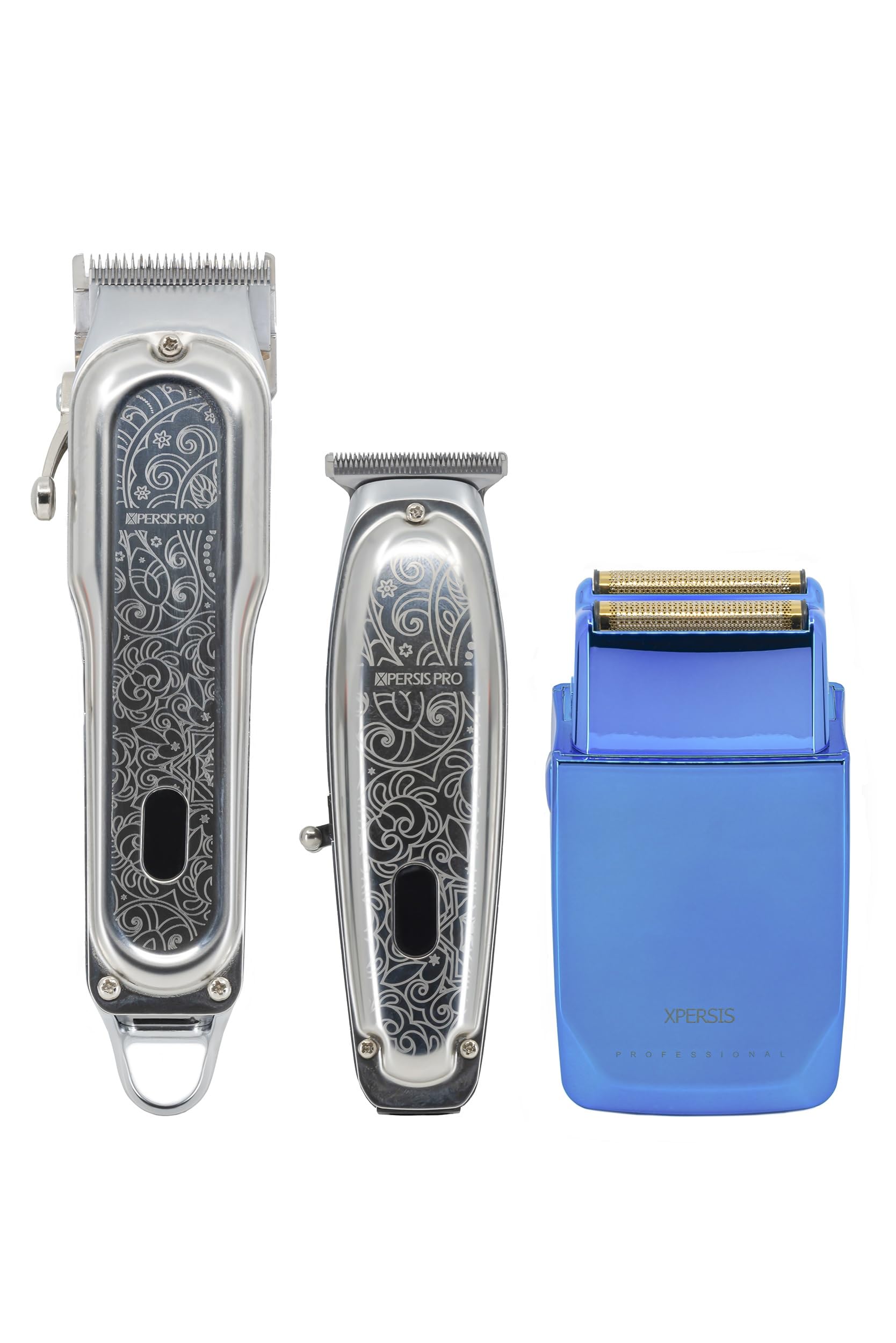 Professional Cordless Hair Clipper & Trimmer Set for Men & Barbers - Electric Shaver with Sharp Blades, Silver & Blue (Home Grooming, Salon Use, Travel-Friendly)