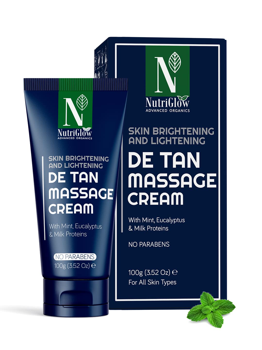Nutriglow Advanced Organics Detan Massage Cream with Mint and Milk Proteins - Brightening Tan Removal Face Cream for Glowing Skin, 100g | Perfect for Post-Sun Care & Daily Skin Brightening Routine