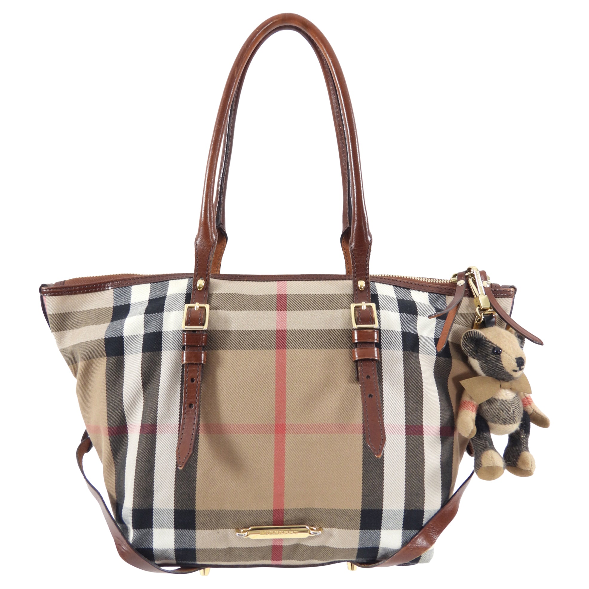 Burberry Check Fabric Tote Bag with Teddy Bear Charm - Stylish Designer Handbag for Women, Perfect for Work, Travel & Everyday Use