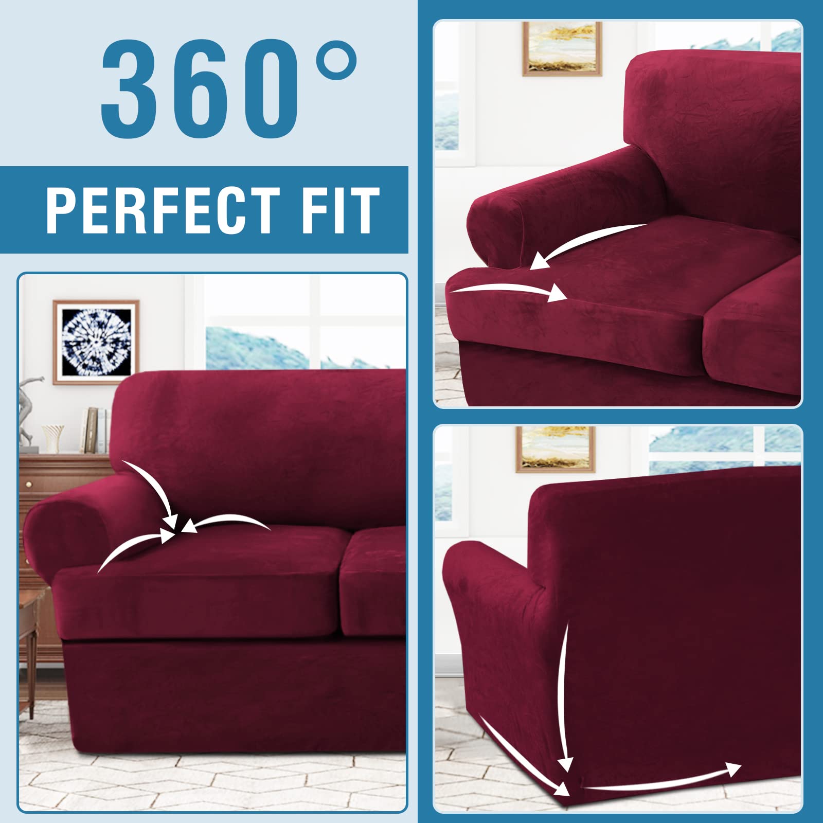 H.VERSAILTEX 4-Piece Velvet Sofa Cover Set - Stretchable T-Cushion Slipcover for 3-Cushion Couch, Burgundy Red - Thick Furniture Protector for Living Room, Lounge & Home Decor