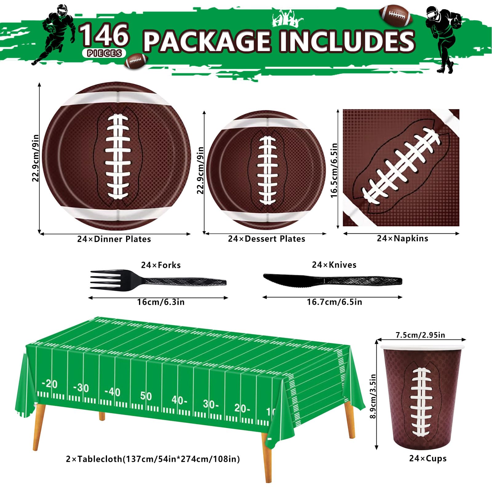 146PCS Football Party Tableware Set - Plates, Napkins, Tablecloth for Super Bowl & Birthday Decorations - Serves 24 Guests - Perfect for Game Day, Tailgating & Sports Themed Parties