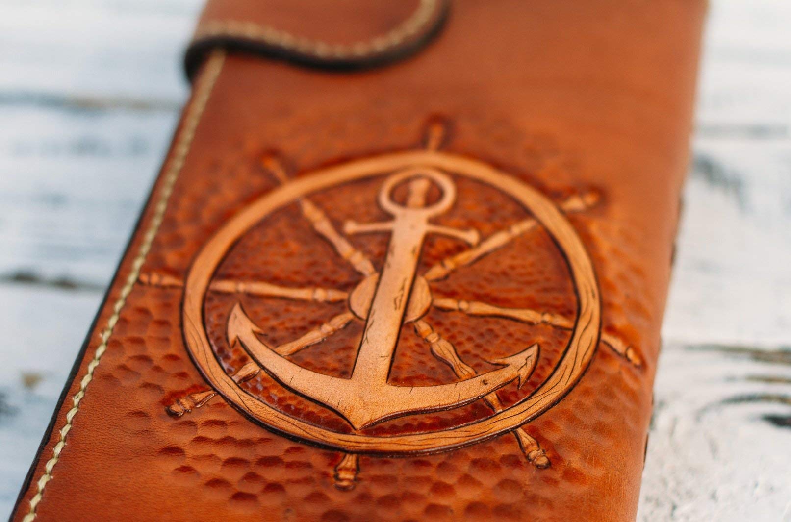 3D Genuine Leather Men's Wallet - Sailboat Anchor Yacht Design, Handmade Biker Long Wallet with Airbrush Art, Custom Personalized Carved Leather Wallet for Men | Perfect Gift for Sailors, Bikers & Travel Enthusiasts