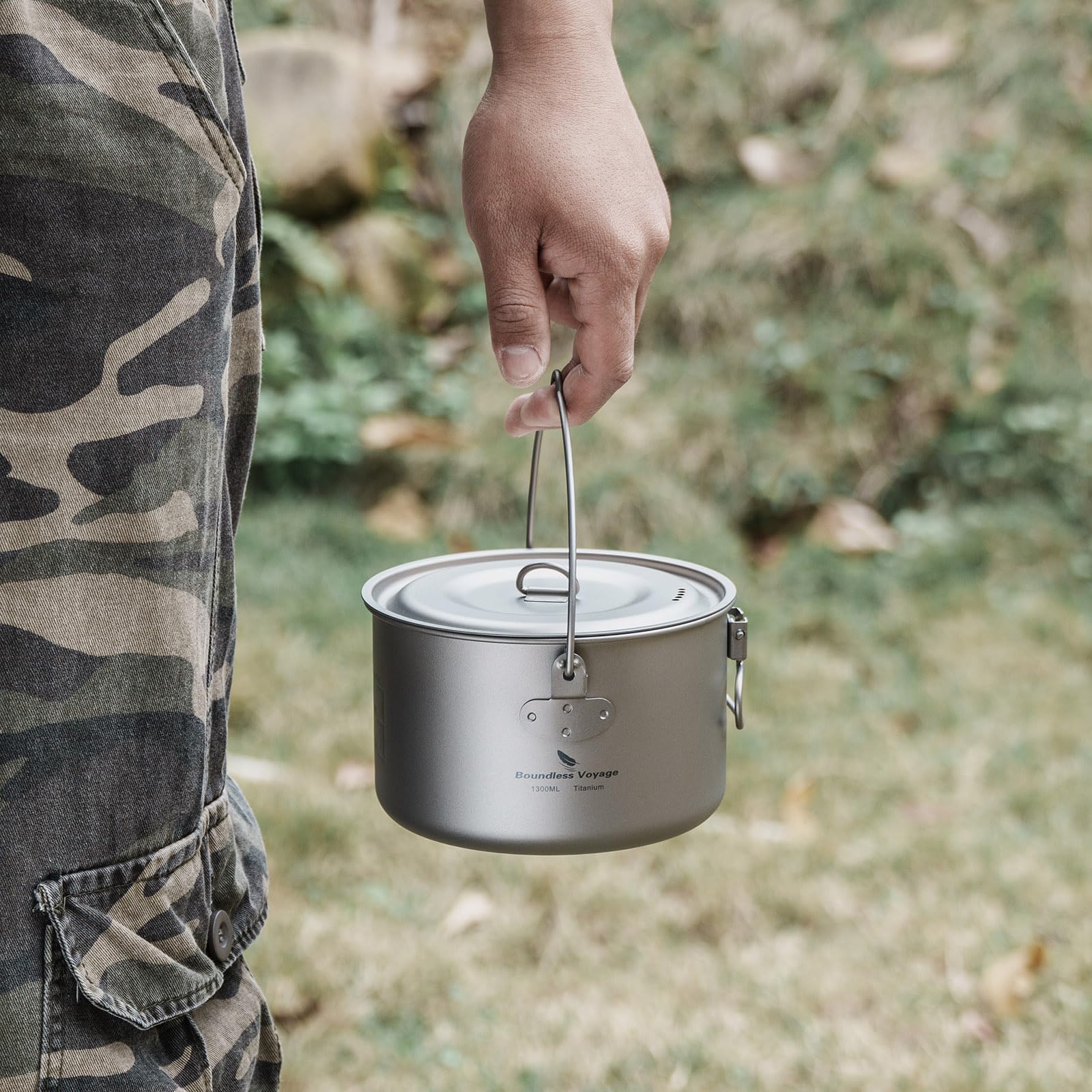 iBasingo 1.3L (1300ml) Titanium Camping Pot with Lid - Ultralight Backpacking Cookware for Solo Hiking, Camping & Outdoor Adventures - Portable Cooking Pot with Measurement Marks (Ti2043C) - Perfect for Backpackers, Mountaineering & Wilderness Trips