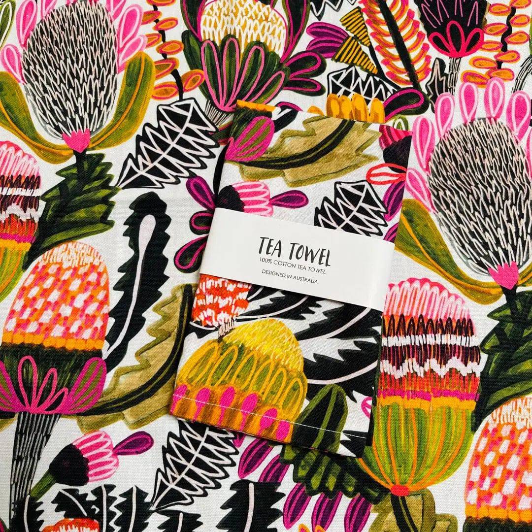 Banksias Designer Tea Towel - Premium Australian Floral Printed Kitchen Towel for Drying Dishes, Decor & Gift Giving - Perfect for Home, Cafe & Hostess Use