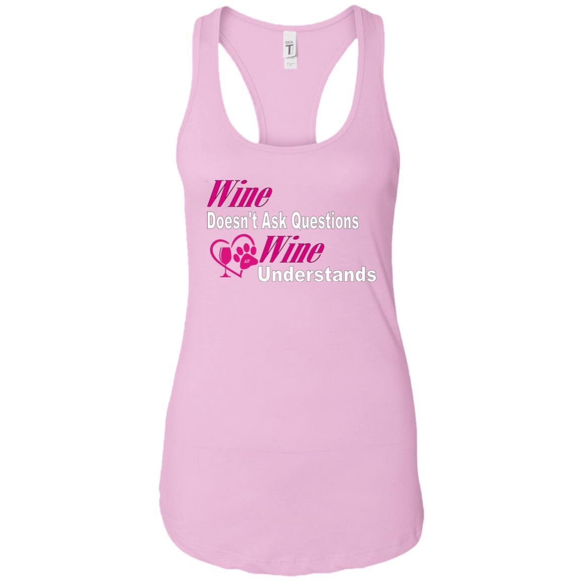 Wine Doesn't Ask Questions Ladies Racerback Tank Top - White & Pink | Comfortable Women's Sleeveless Shirt for Wine Tasting, Girls Night Out & Summer Parties - WineyBitches.co