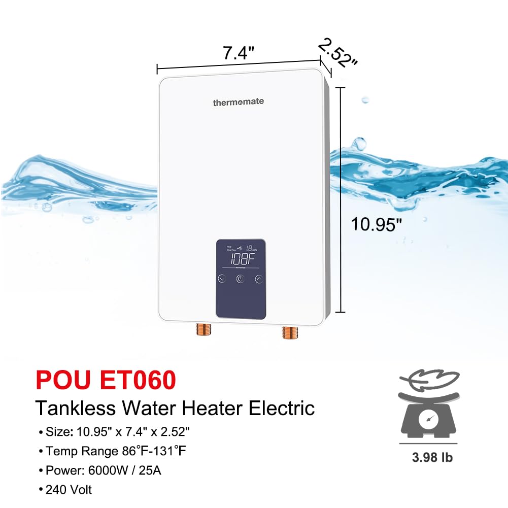 Thermomate 6000W 240V Electric Tankless Water Heater for Sink Faucet - Instant Hot Water, CSA Certified with Self-Modulating & Overheating Protection (1.07GPM at 35°F Rise) - Perfect for Kitchen, Bathroom & Small Appliances
