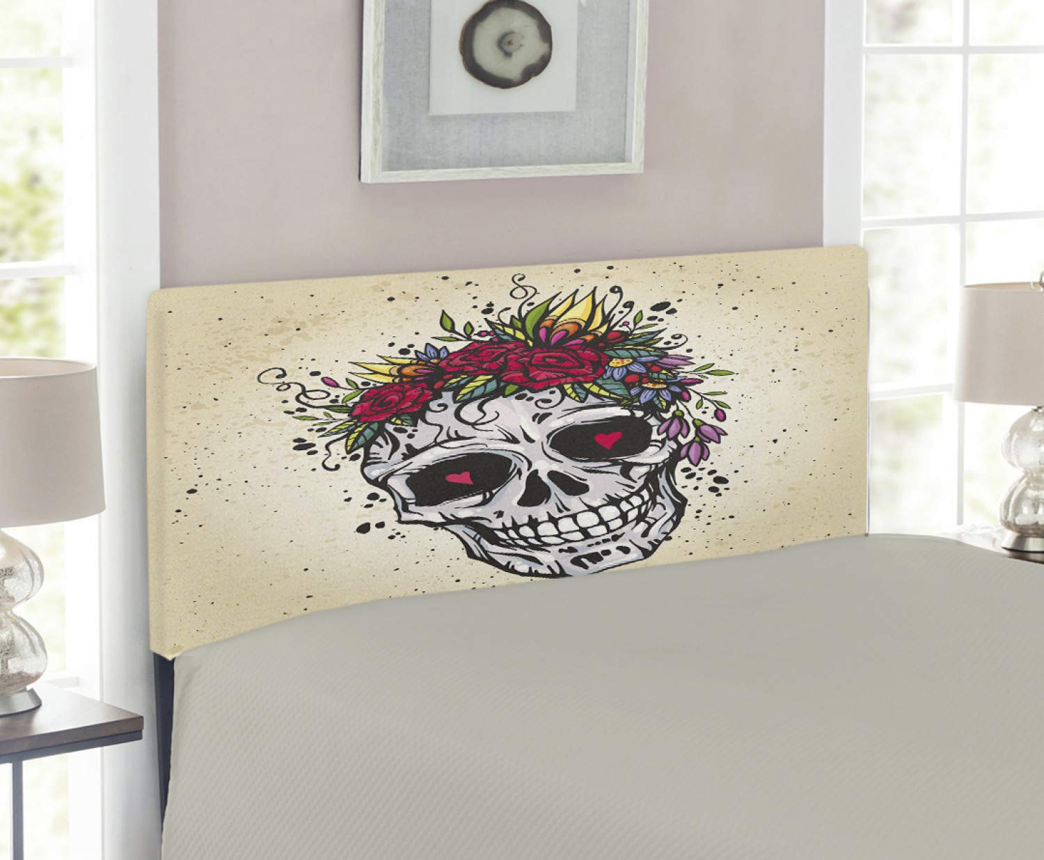 Ambesonne Bohemian Sugar Skull Headboard - Floral Wreath & Wildflower Design - Upholstered Metal Bed Frame with Memory Foam - Twin Size Multicolor - Perfect for Gothic & Boho Bedroom Decor