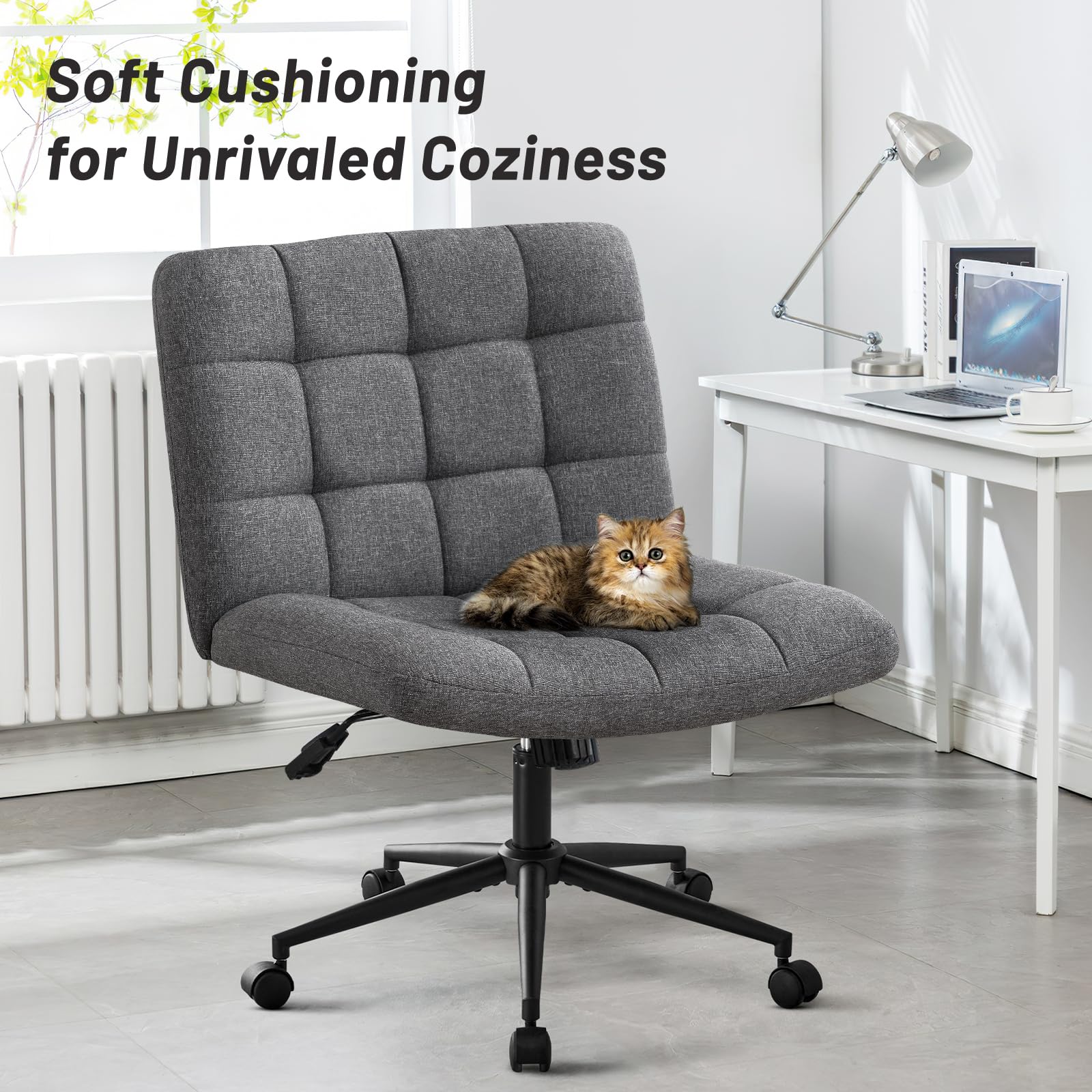 Furniliving Armless Office Desk Chair - Adjustable Swivel Chair with 360° Wheels & Linen Fabric Padding, Wide Criss Cross Base for Home Office, Living Room or Bedroom - Dark Grey - Perfect for Small Spaces & Modern Workspaces