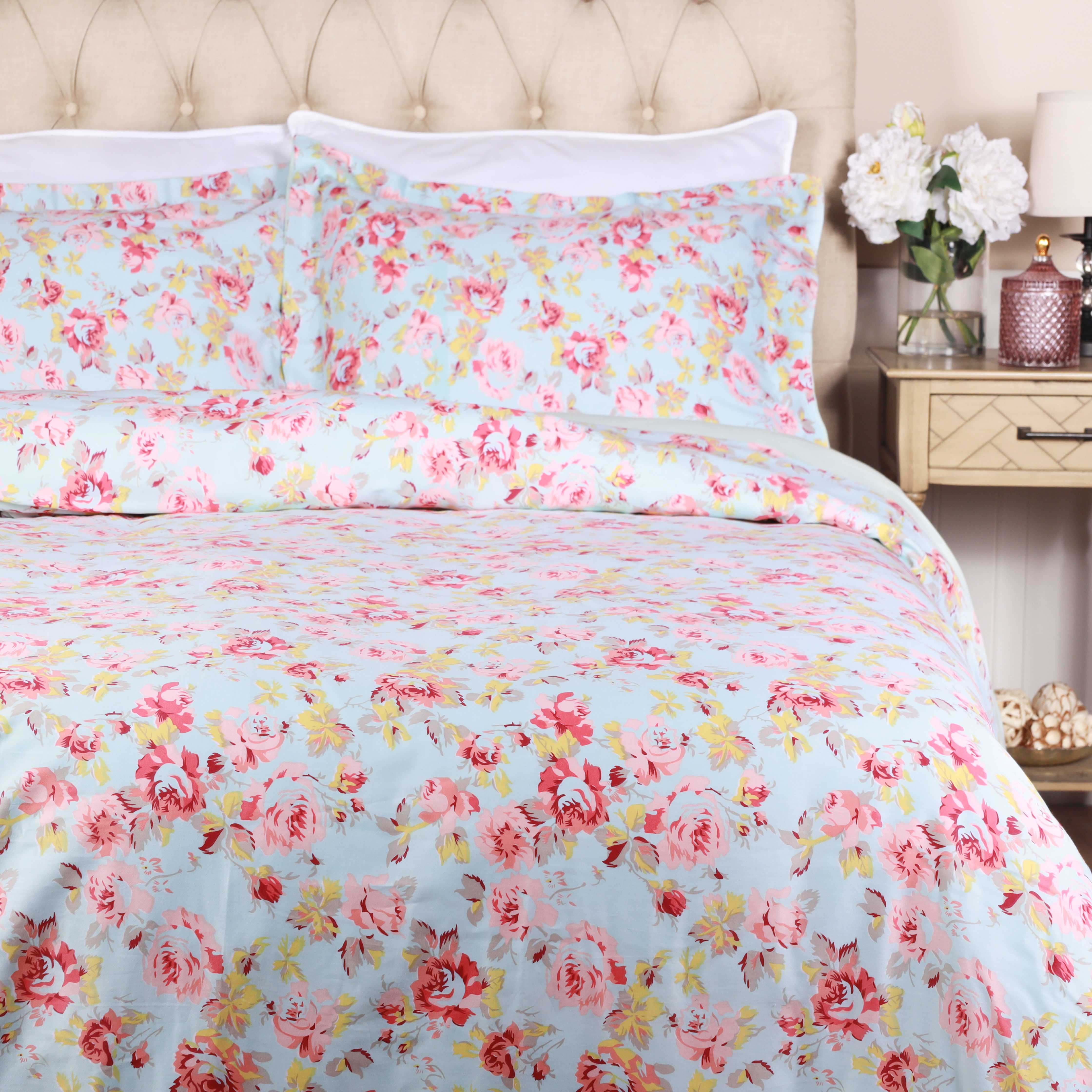300 Thread Count Solid & Floral Cotton Duvet Cover Set - All Season Soft Bedding for Master Bedroom, Guest Room & Vacation Homes