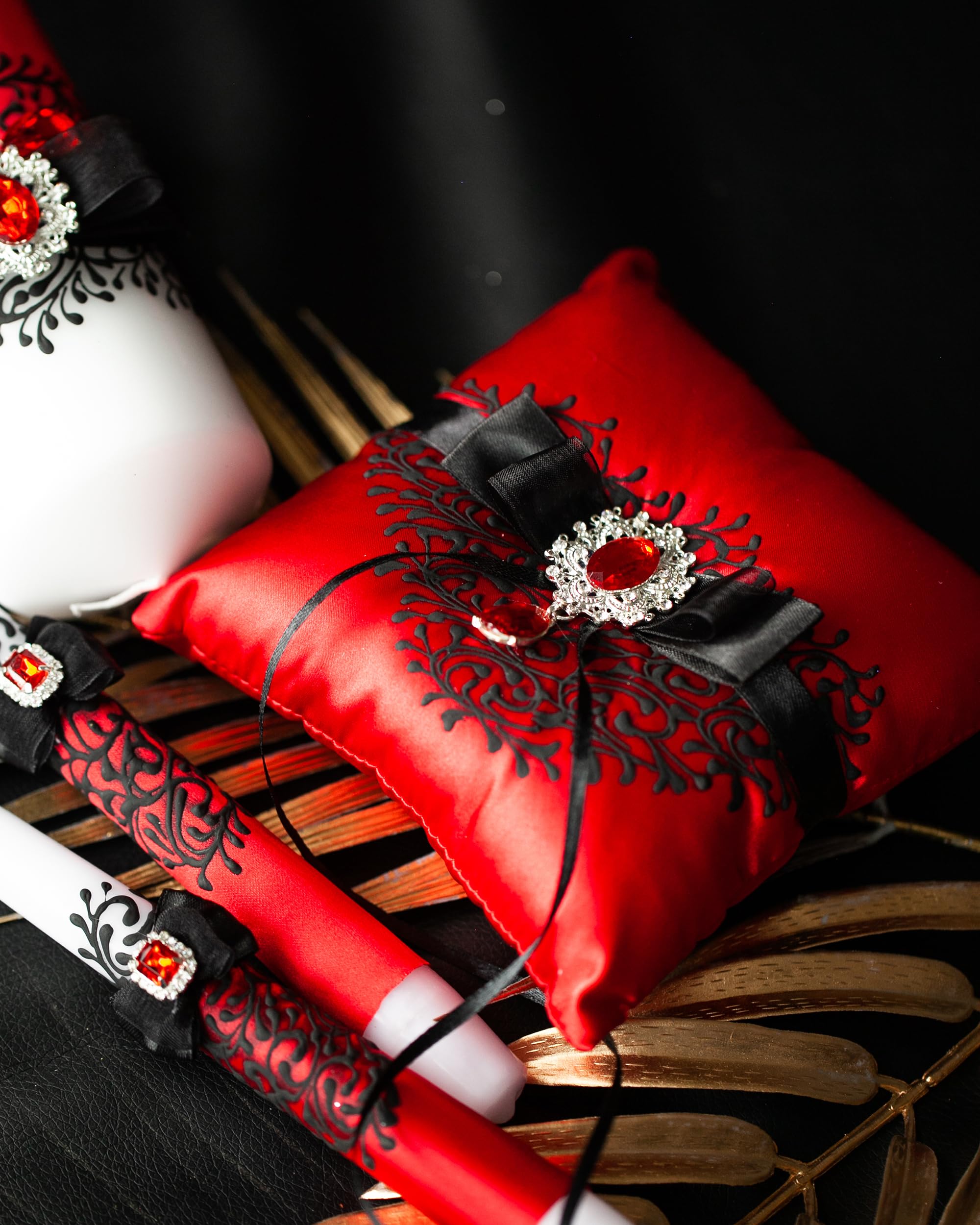 Red and Black Wedding Ring Bearer Pillow - Elegant Ring Holder for Ceremonies, Bridal Accessories, and Wedding Decor - Perfect for Traditional and Modern Weddings