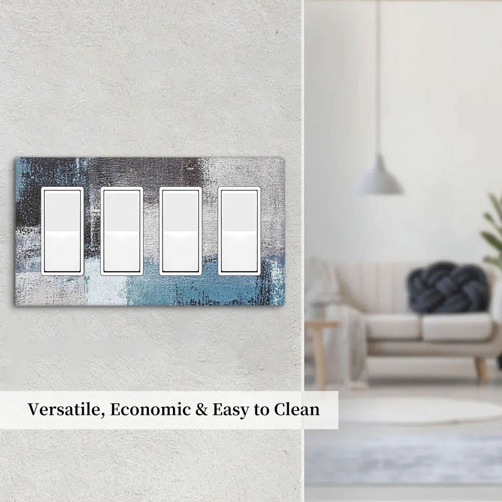 Abstract Blue Gray Black Quad Rocker Light Switch Cover - Decorative 4 Gang Wall Plate - Funny Lightswitch Faceplate 4.5 x 8.0 Inch - Perfect for Modern Homes, Offices & DIY Decor Projects