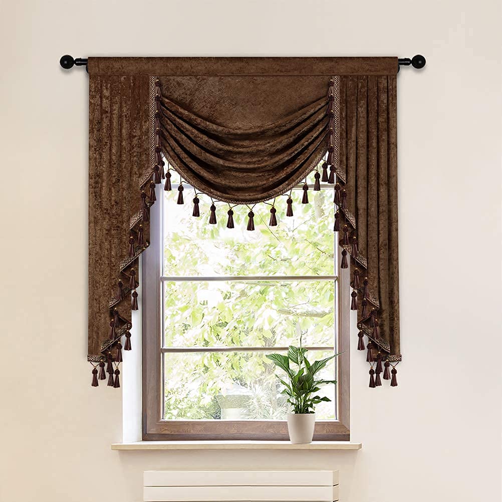 ELKCA Thick Chenille Window Curtains Valance - Chocolate Waterfall Valance for Living Room & Bedroom - Rod Pocket Design - 1 Panel (39 Inches Wide) - Perfect for Small Windows, Home Decor & Room Treatment