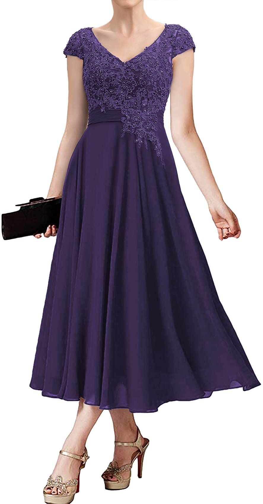 Elegant Chiffon Mother of The Bride Dress with Lace Detail - Tea Length Evening Gown for Wedding Guest - Perfect for Formal Events, Parties & Special Occasions