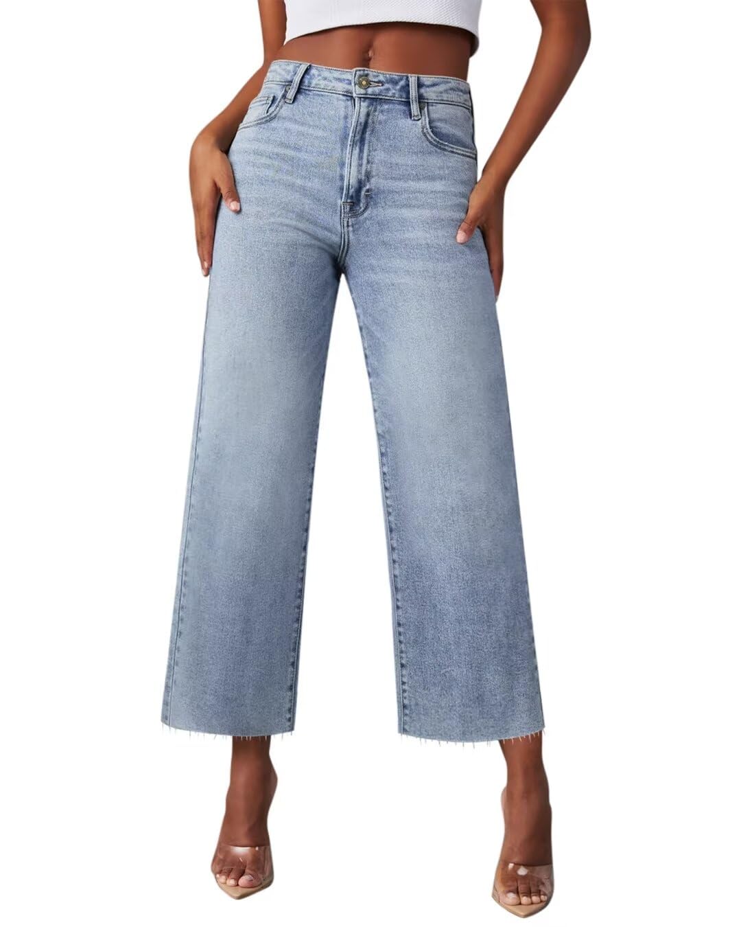 Women's Wide Leg Jeans - High Waisted Stretchy Straight Leg Crop Capri Pants with Raw Hem | Comfortable & Trendy Casual Wear for Everyday Outfits